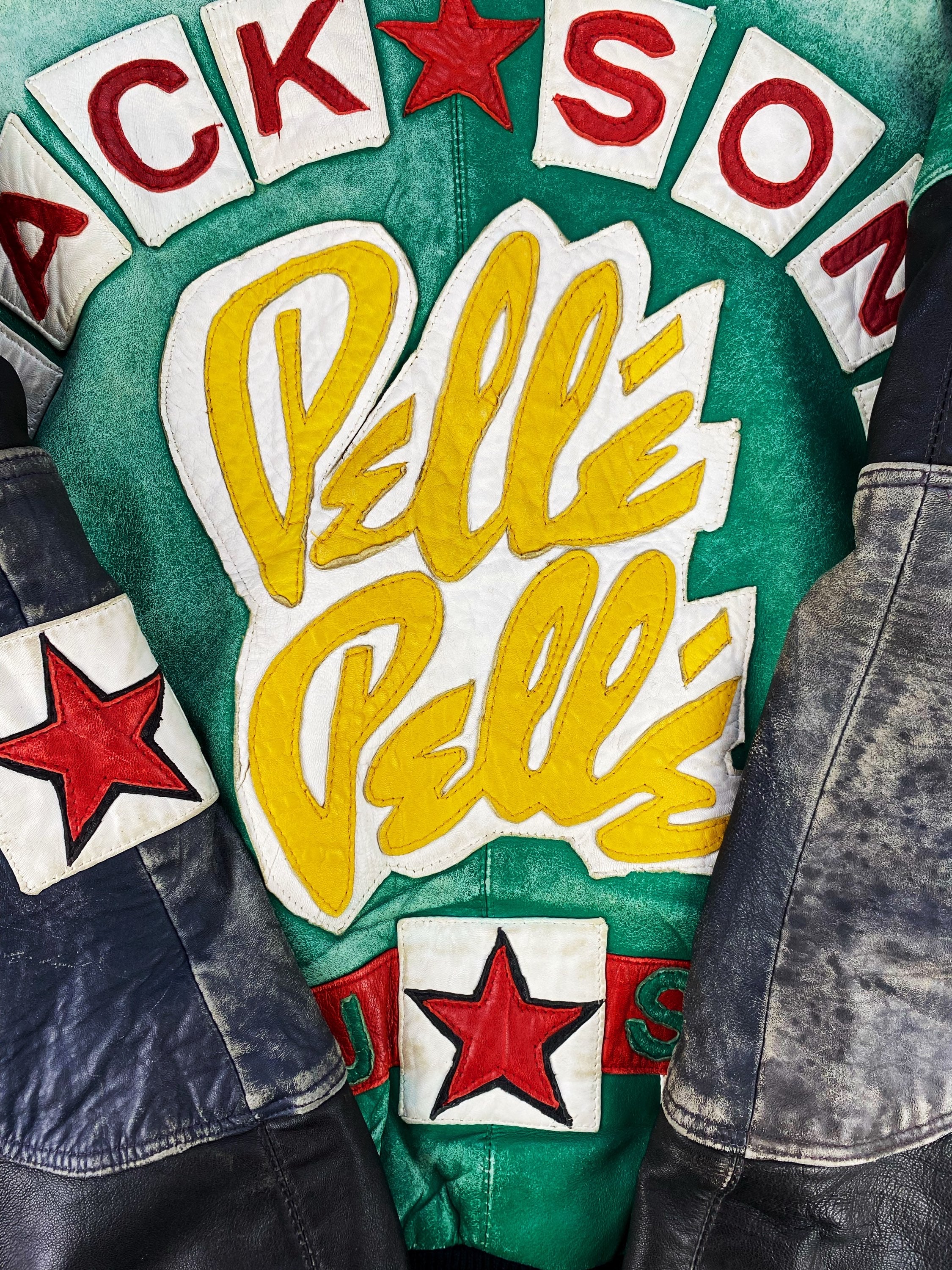 90S PELLE PELLE 'JACKSONS' WASHED TEAL PATCHED LEATHER JACKET