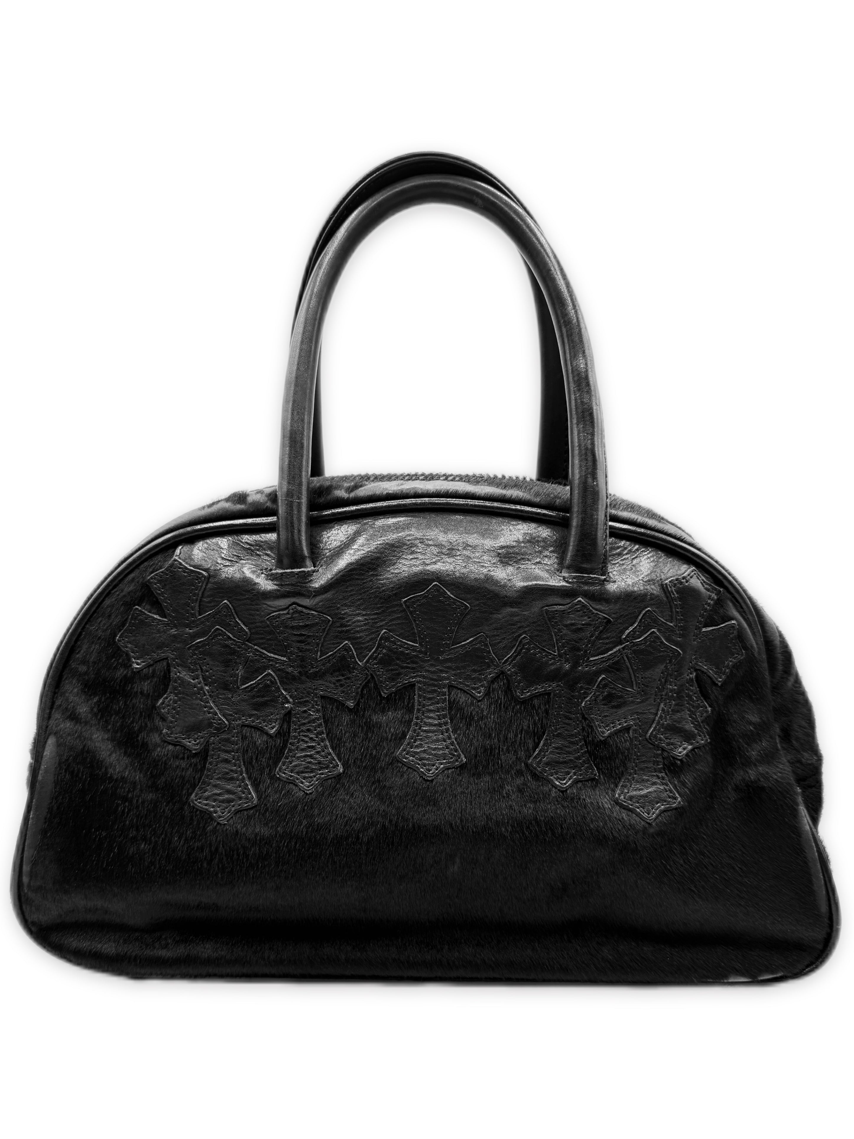 Chrome Hearts Cemetery Cross Patch Black Pony Hair Leather Gym Bag