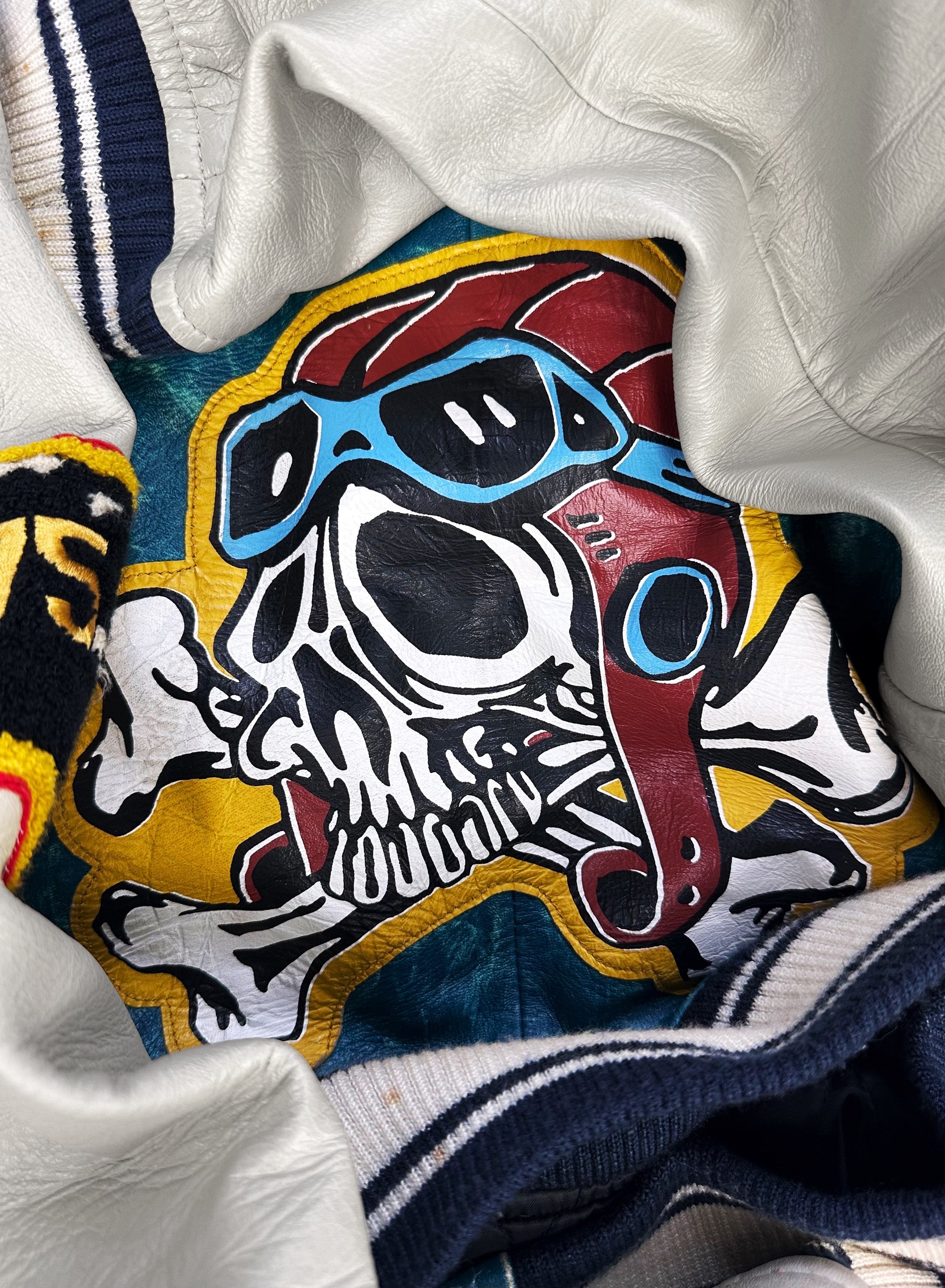 1980s Avirex ‘Skull’ Leather Two Tone Patched Varsity Jacket