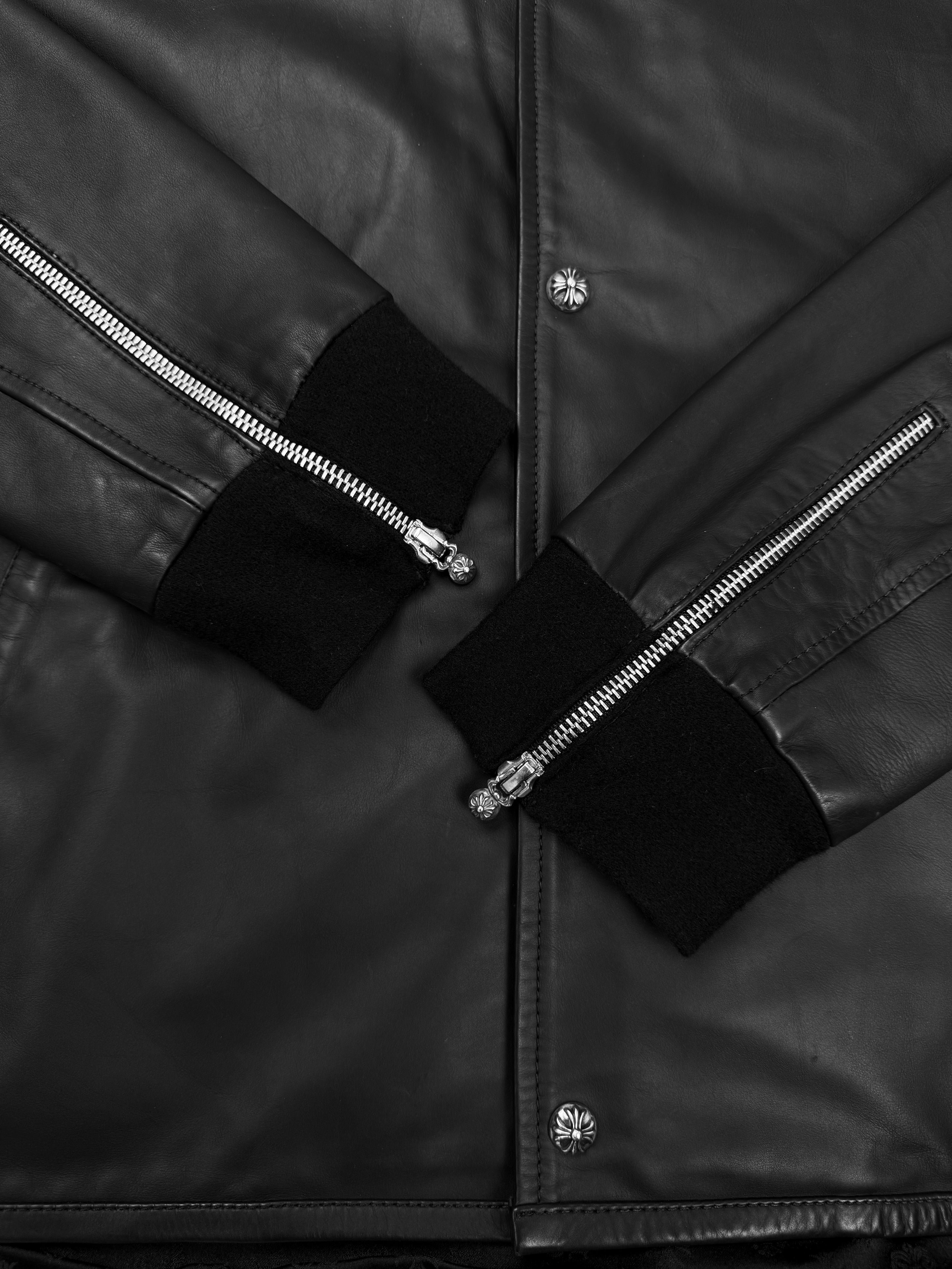 Chrome Hearts JVP Black Leather Cross Ball Cashmere Bomber Jacket