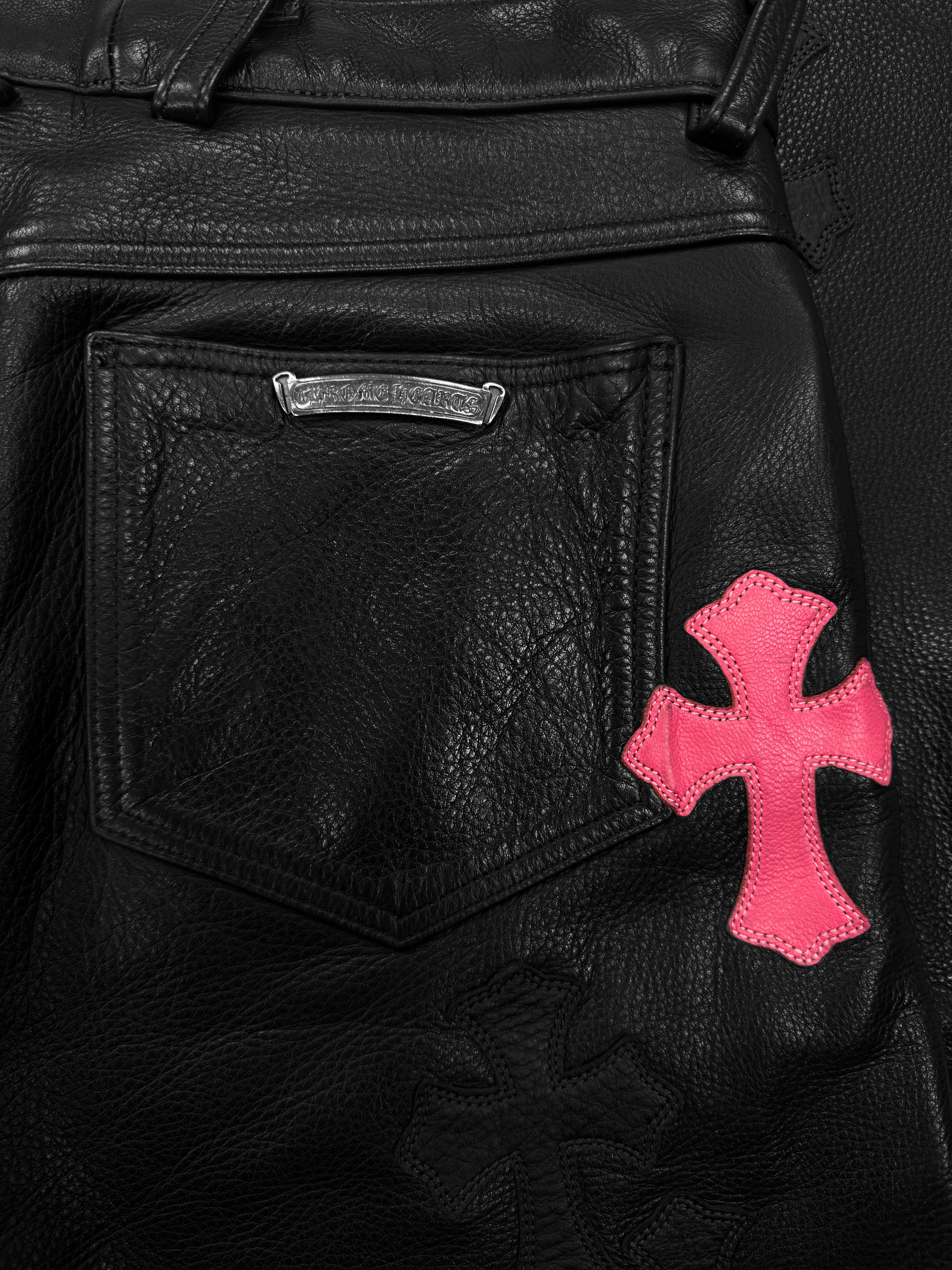 Chrome Hearts Pink 19 Cross Patch Black Leather Fleur Knee Pants