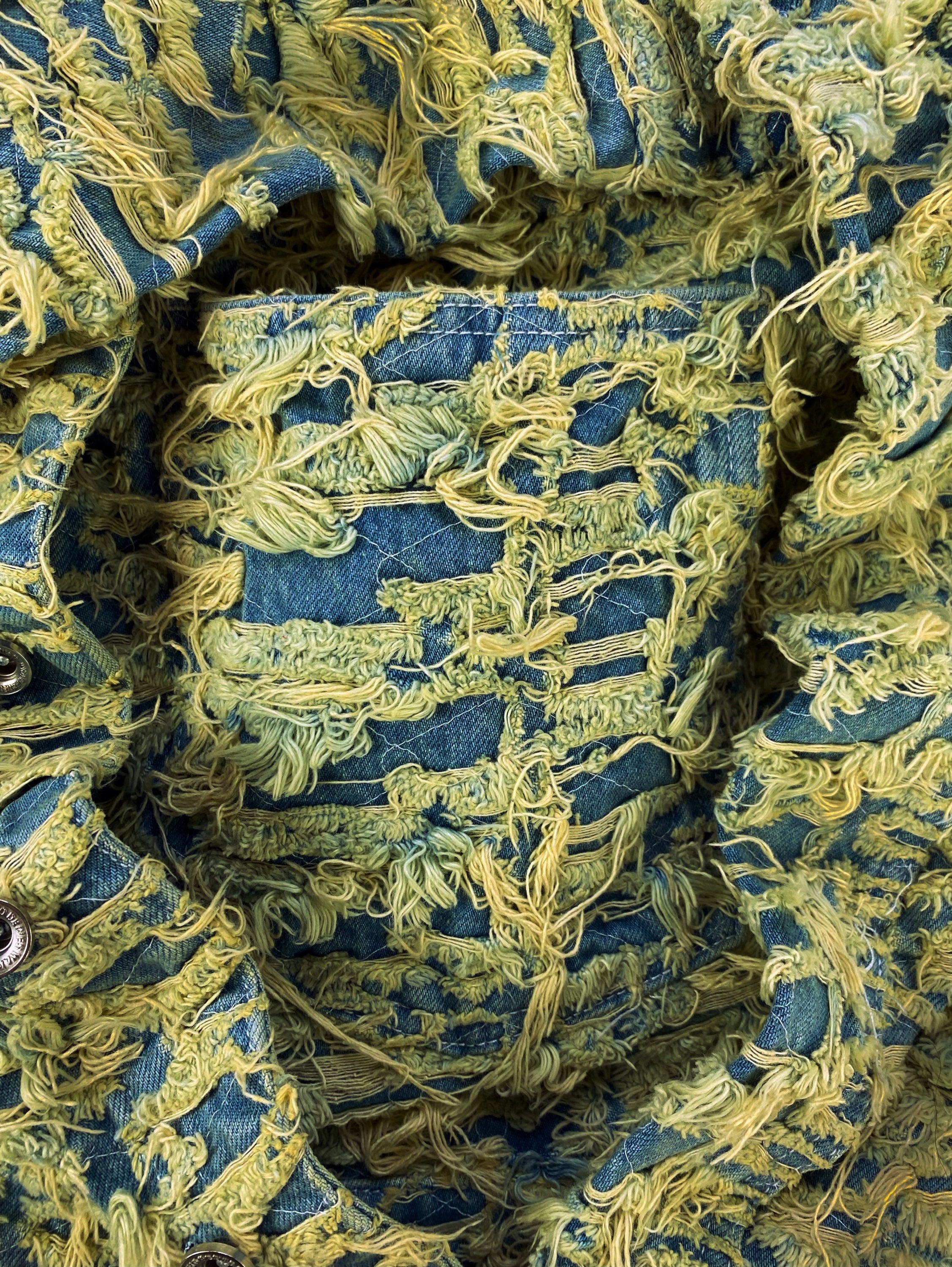 SS23 Who Decides War ‘Thrashed’ Barren Thread Distressed Denim Jacket