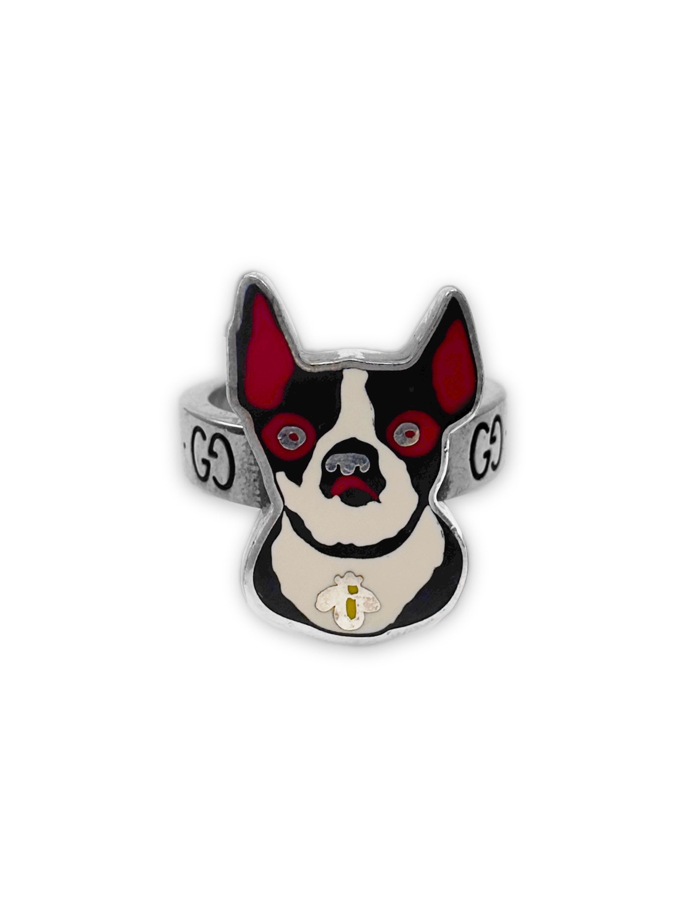 Gucci ‘Boston Terrier’ Motif .925 Silver ‘GG’ Monogram Ring