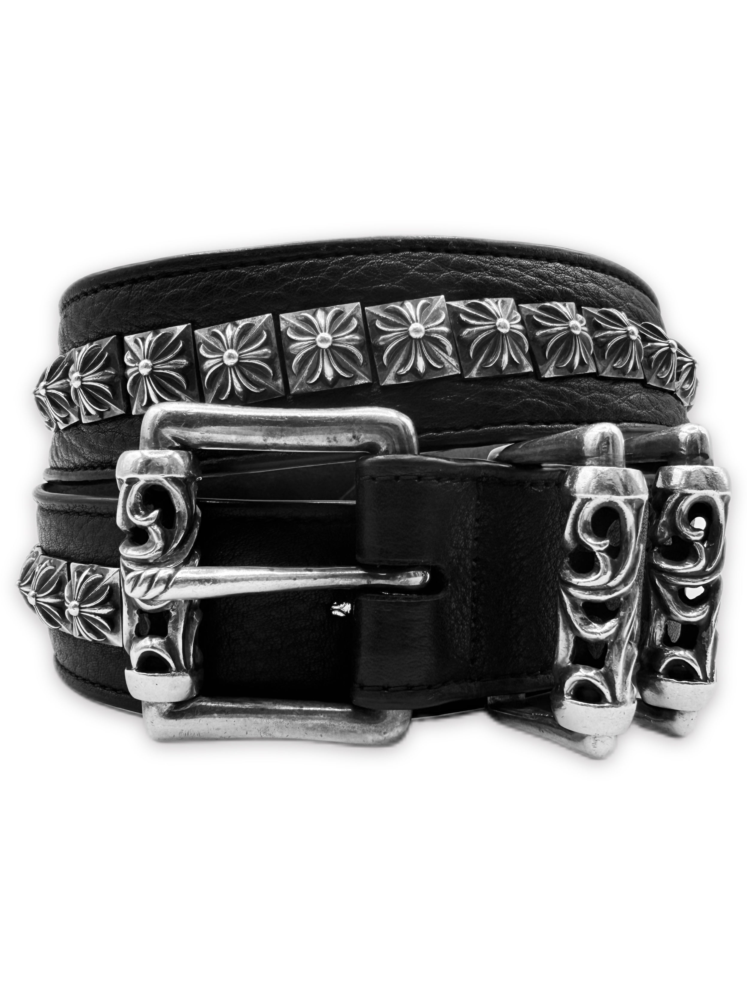 Chrome Hearts Pyramid Studded Roller .925 Silver Black Leather Belt