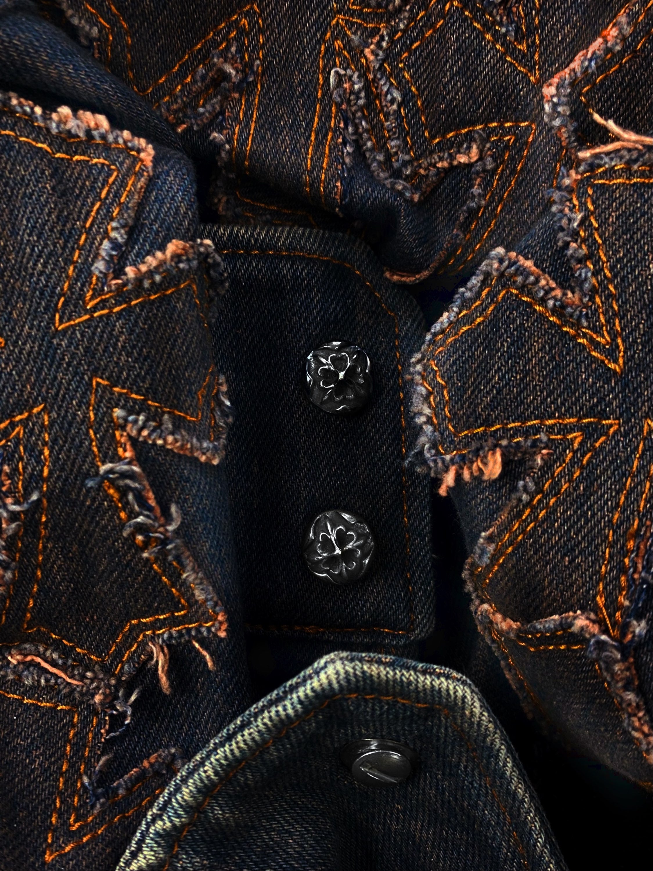 90s A&amp;G Rock ‘n Roll Couture ‘20 Cross’ Patched Denim Work Jacket