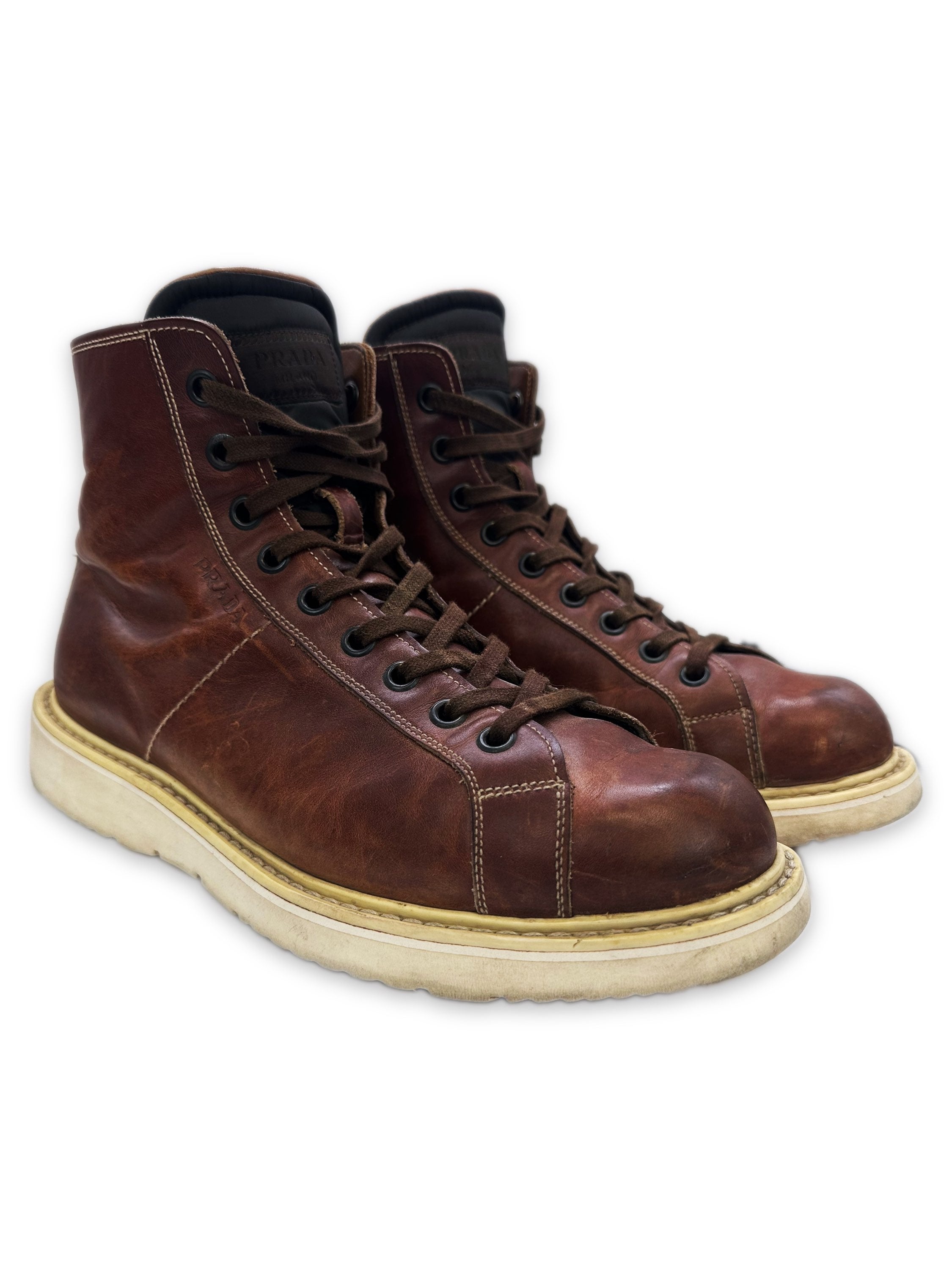 00s Prada Brown Leather Embossed Hiking Boots