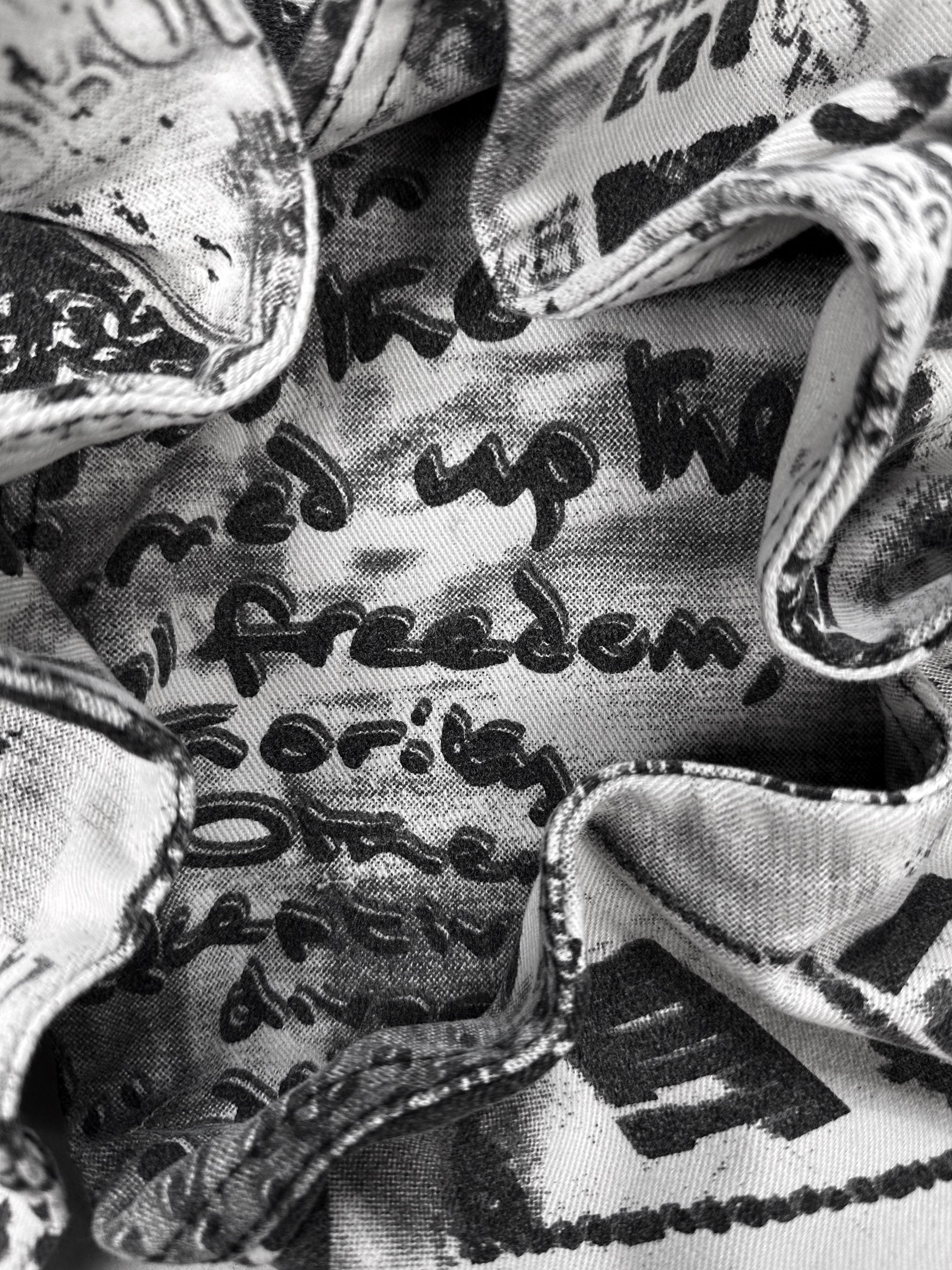 00s Roberto Cavalli ‘Newspaper’ Full Print Script Denim
