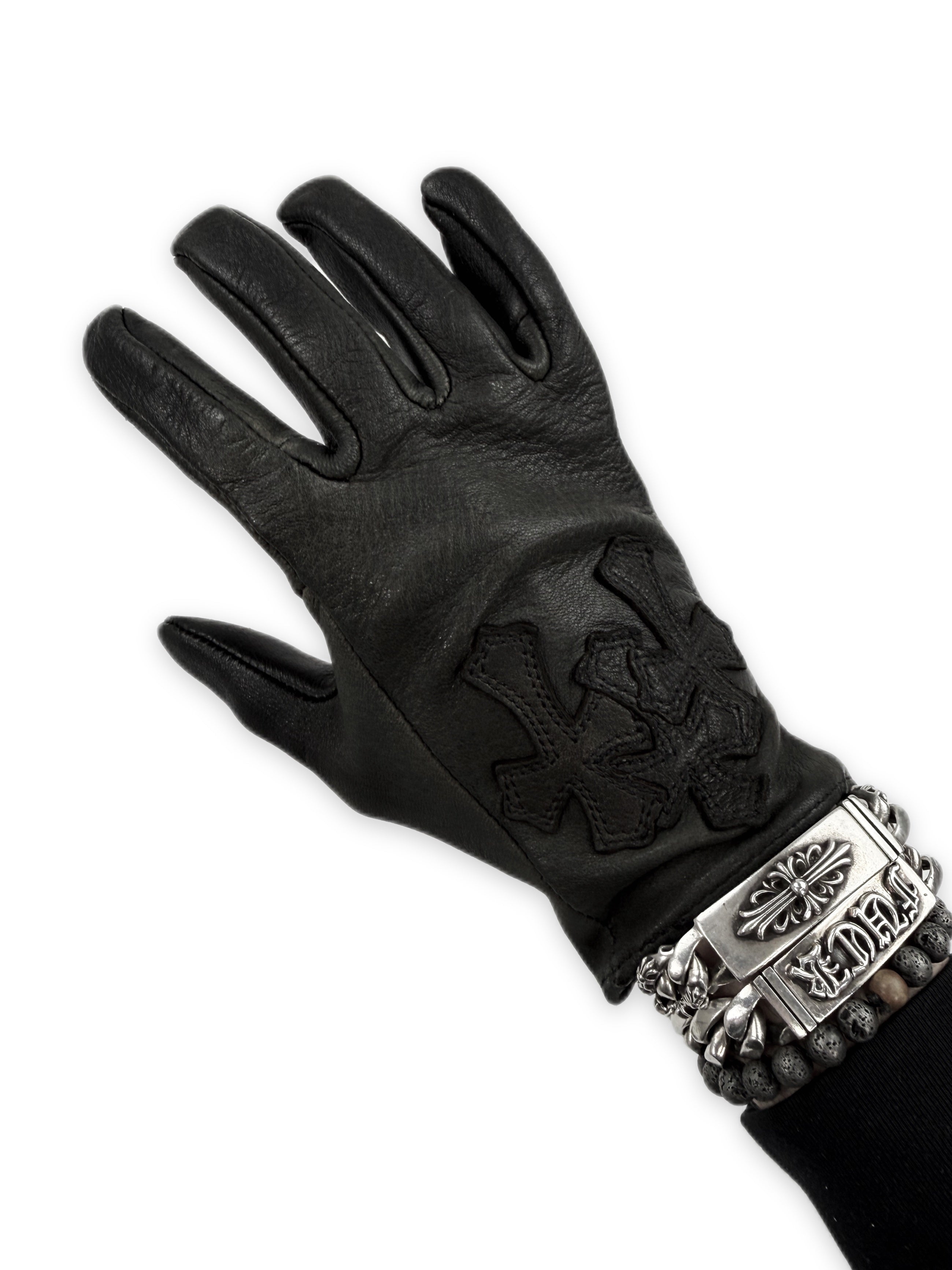 Chrome Hearts Triple Cross Patch Cemetery Black Leather Gloves