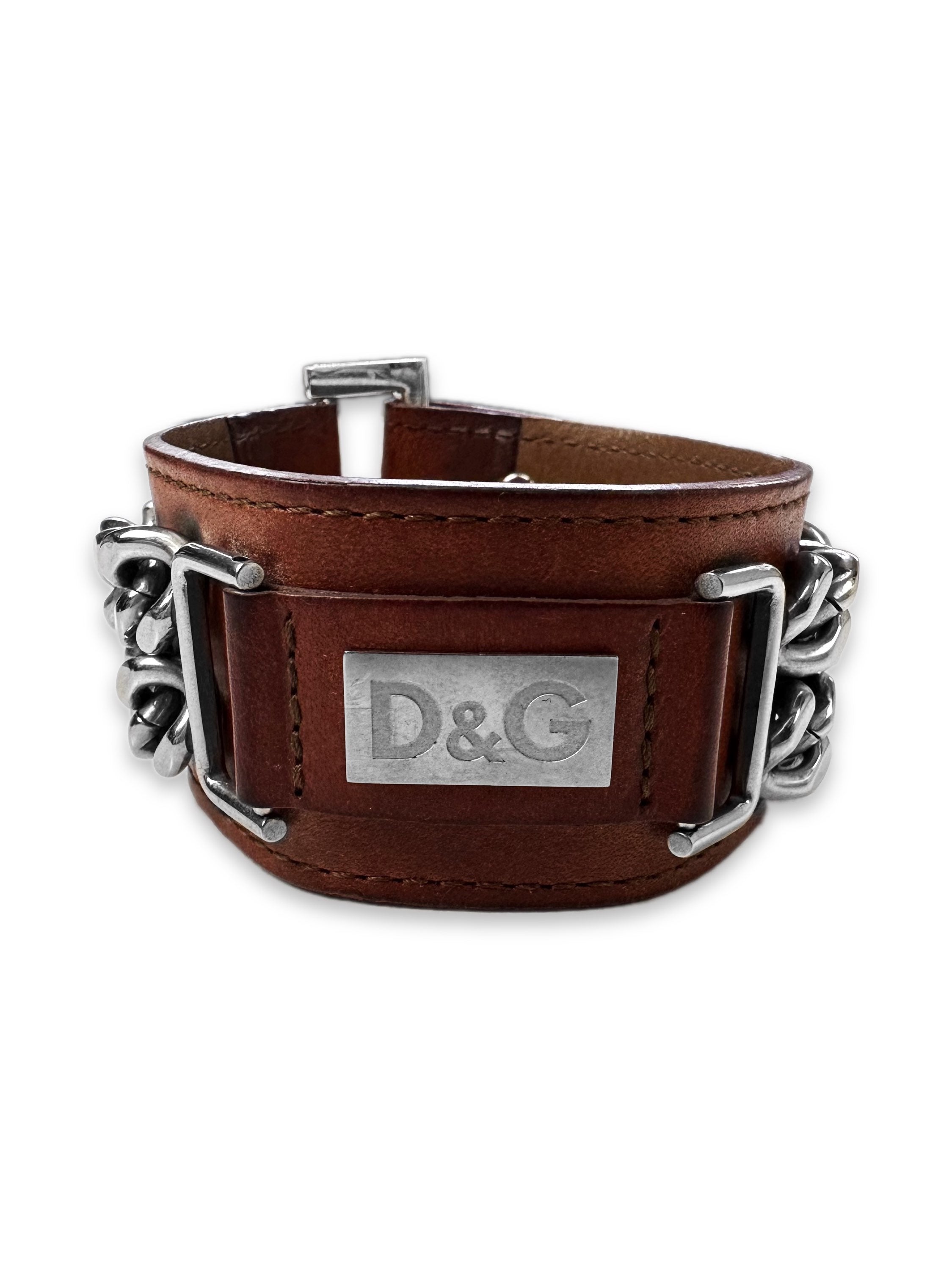 00s Dolce &amp; Gabbana Leather Chain Link Silver Cuff Bracelet