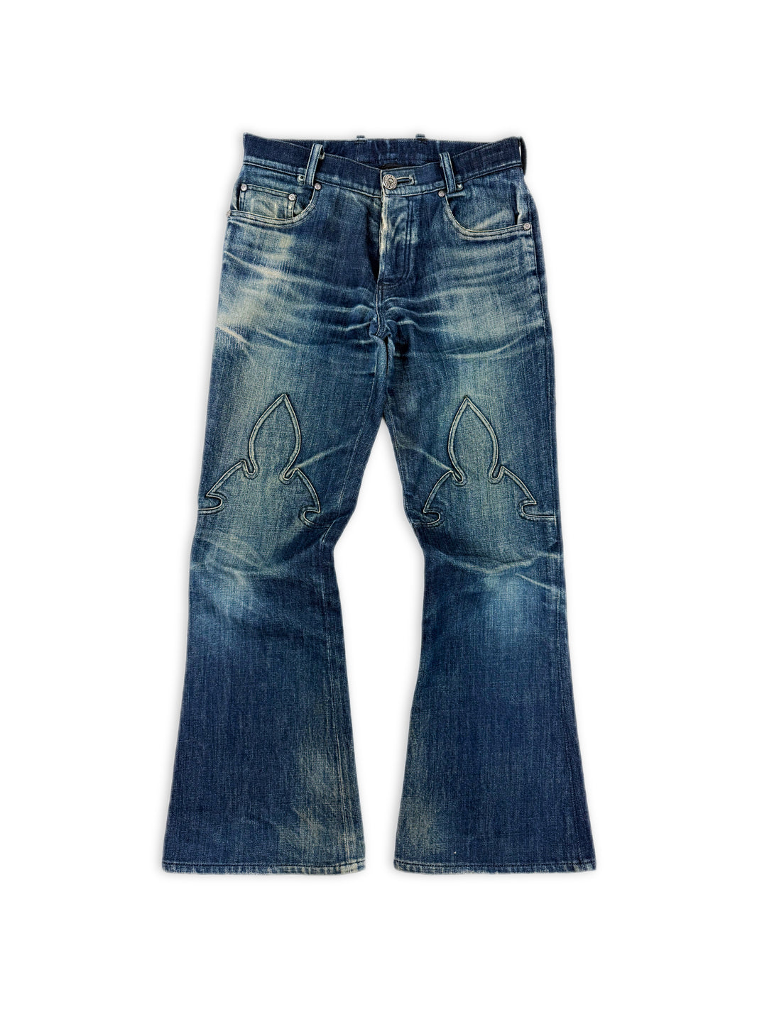 Chrome Hearts Flared Leg Blue Light Wash Fleur Knee .925 Silver Jeans