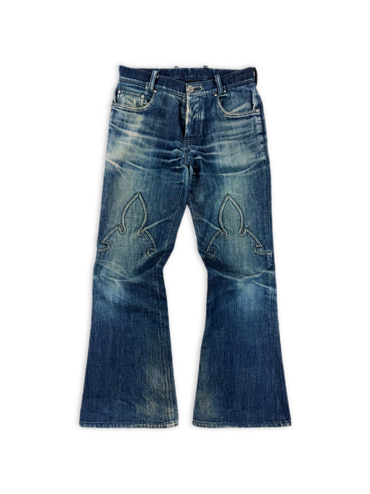 Chrome Hearts Flared Leg Blue Light Wash Fleur Knee .925 Silver Jeans