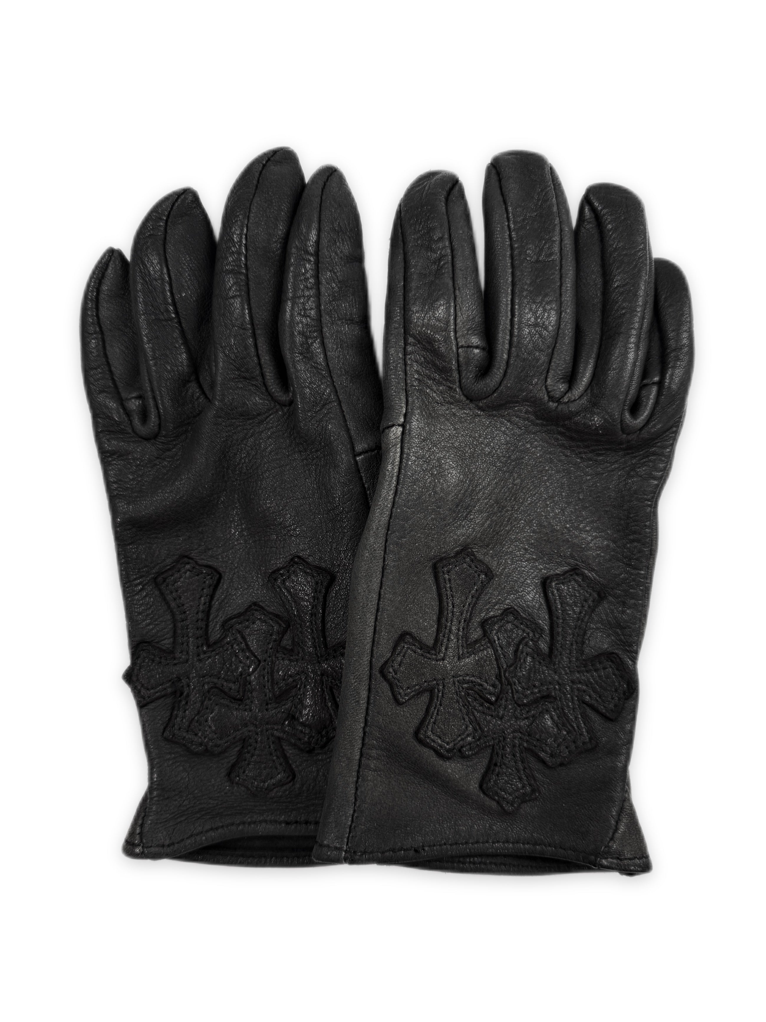 Chrome Hearts Triple Cross Patch Cemetery Black Leather Gloves