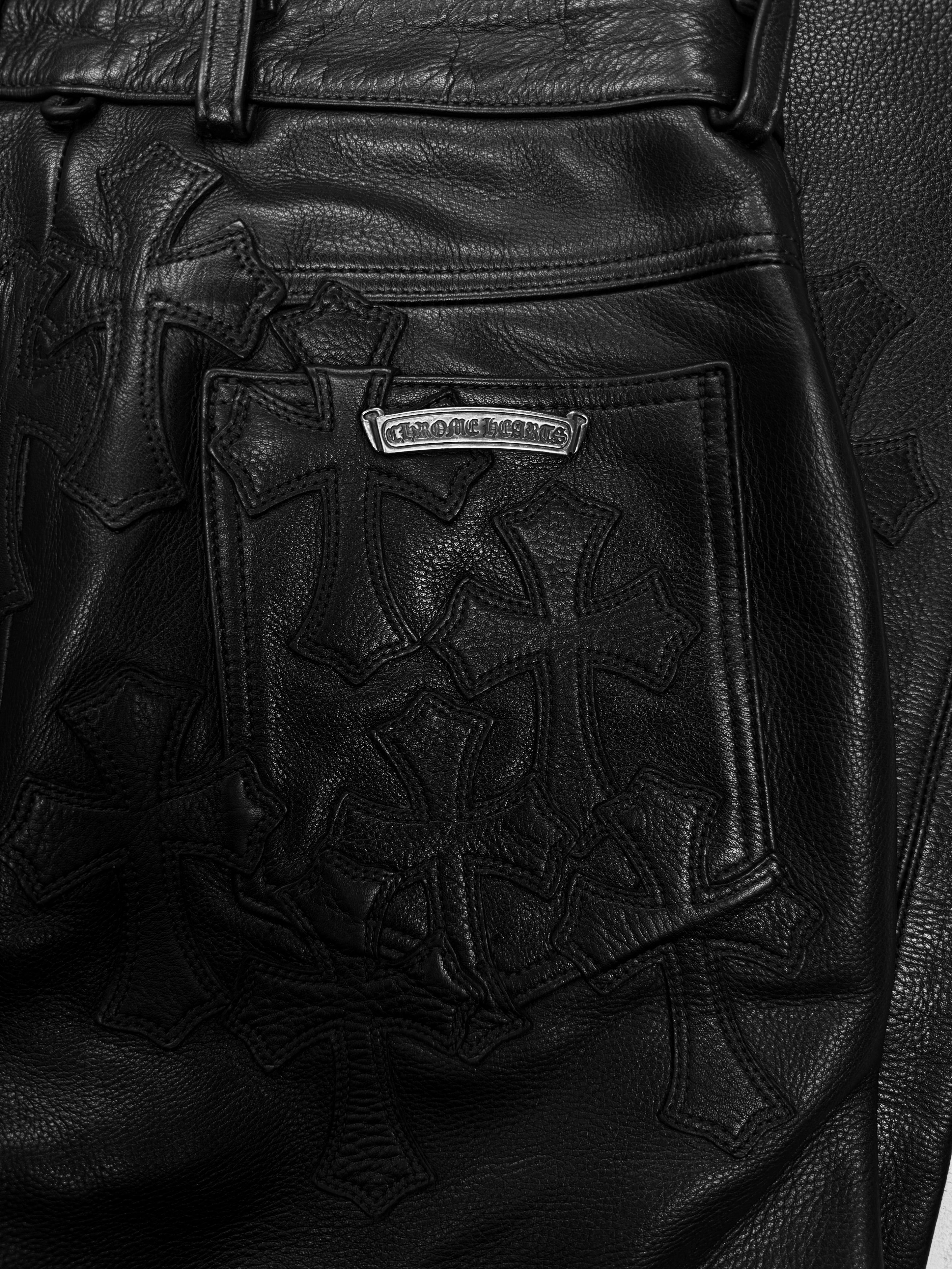 Chrome Hearts 34 Cross Patch Black Leather Fleur Knee Pants