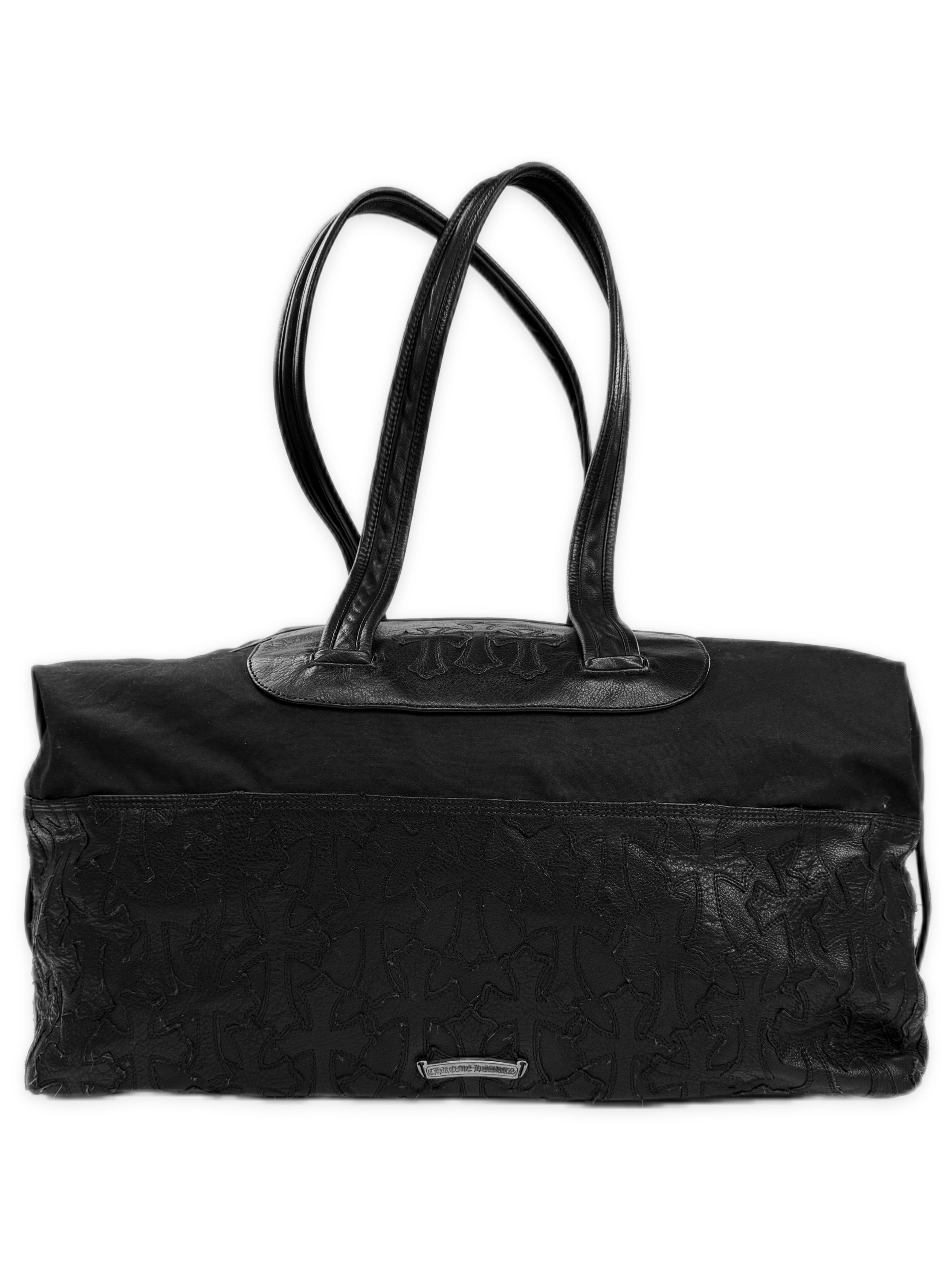 Chrome Hearts Cemetery Cross Patch Flooded Black Leather Large Duffle Bag