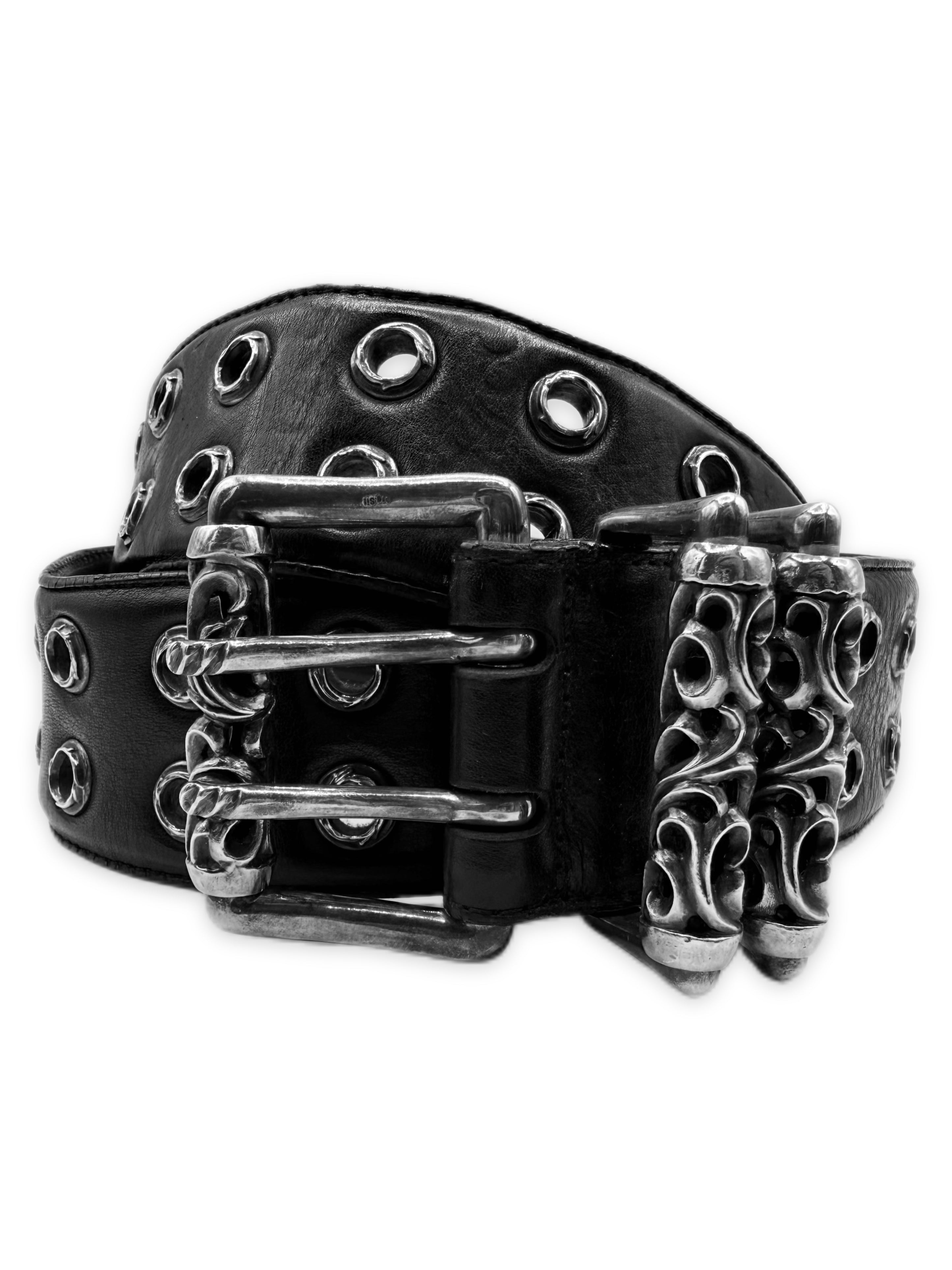 Chrome Hearts Double Roller Eyelet Black Leather Grommet Belt