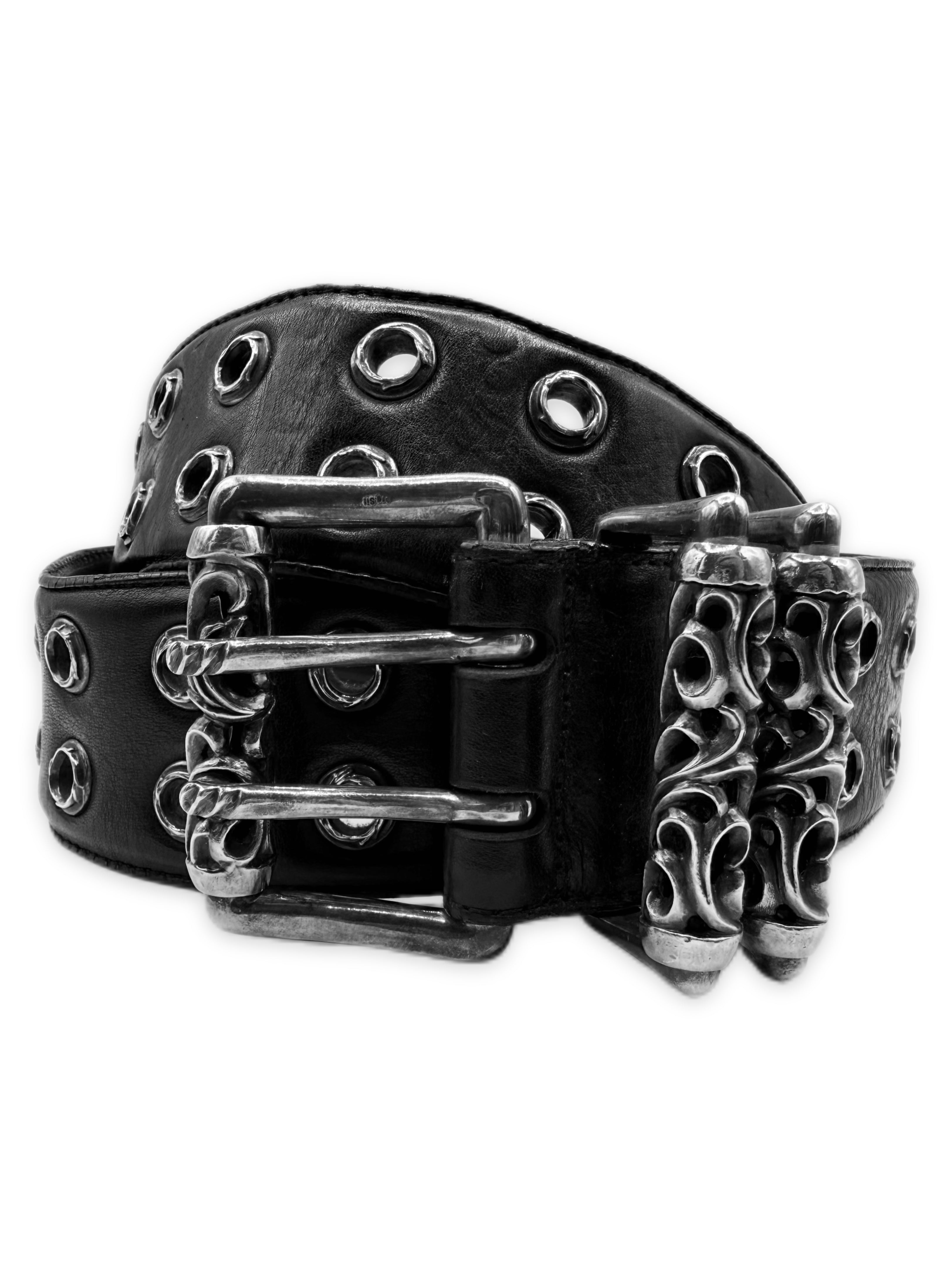 Chrome Hearts Double Roller Eyelet Black Leather Grommet Belt