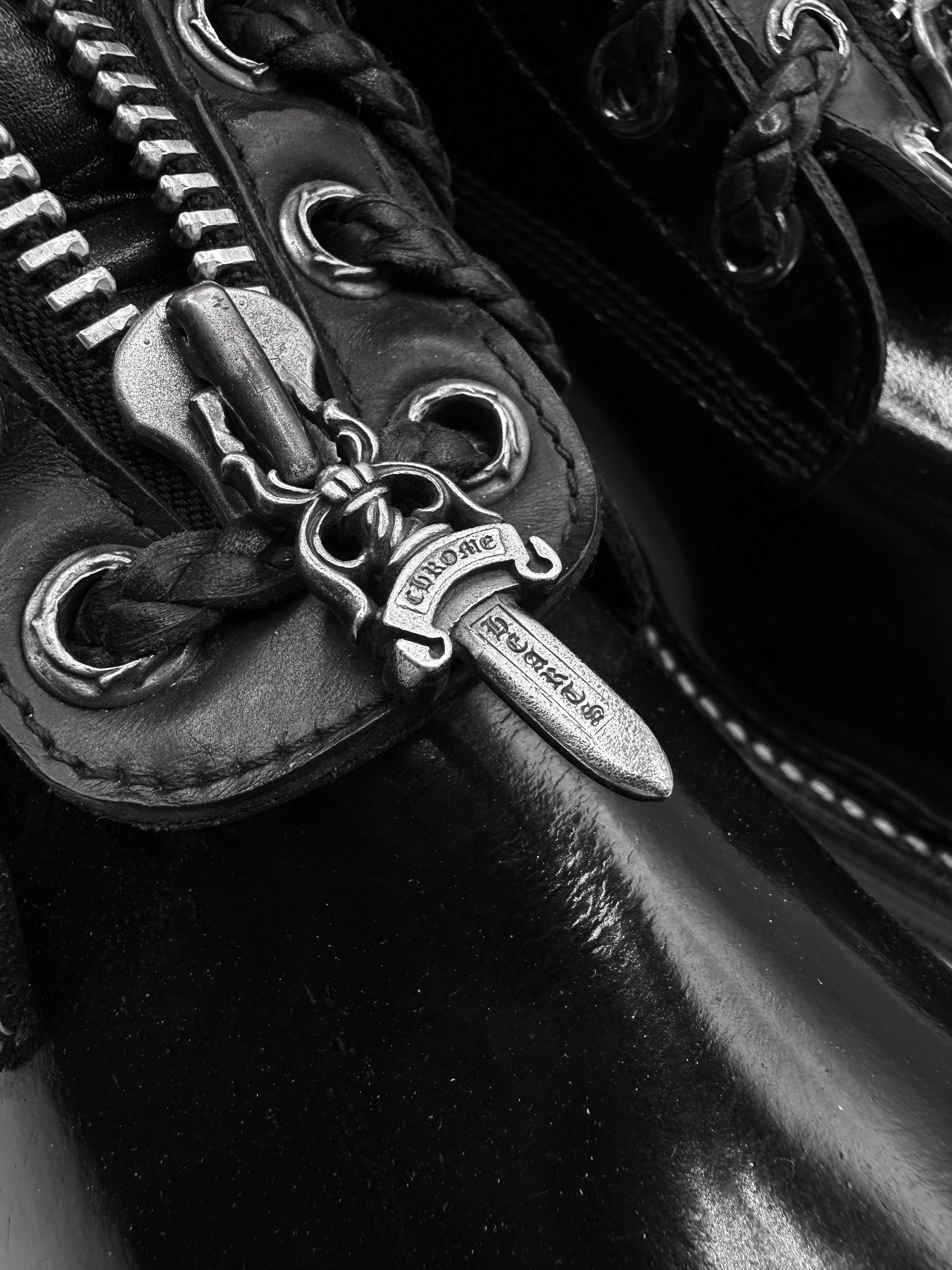 Chrome Hearts x Chippewa Fireman Zip Pyramid Stud Cross Patent Leather Boots