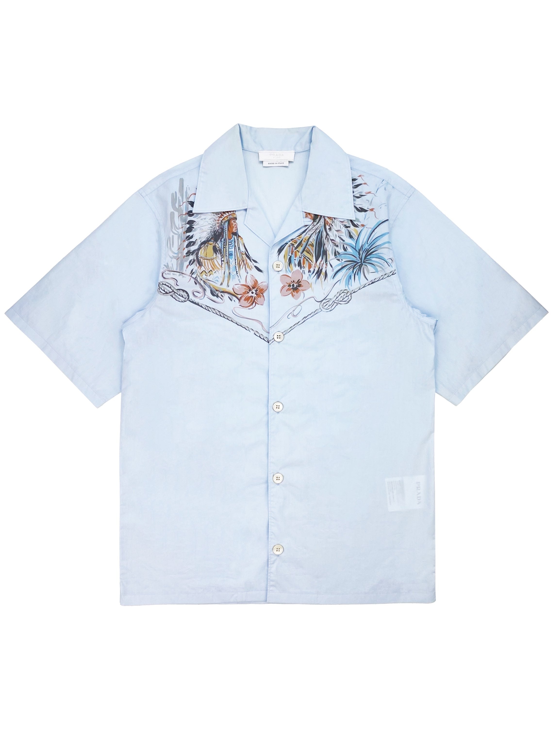 SS18 Prada Native Print Camp Collar Shortsleeve Button Up