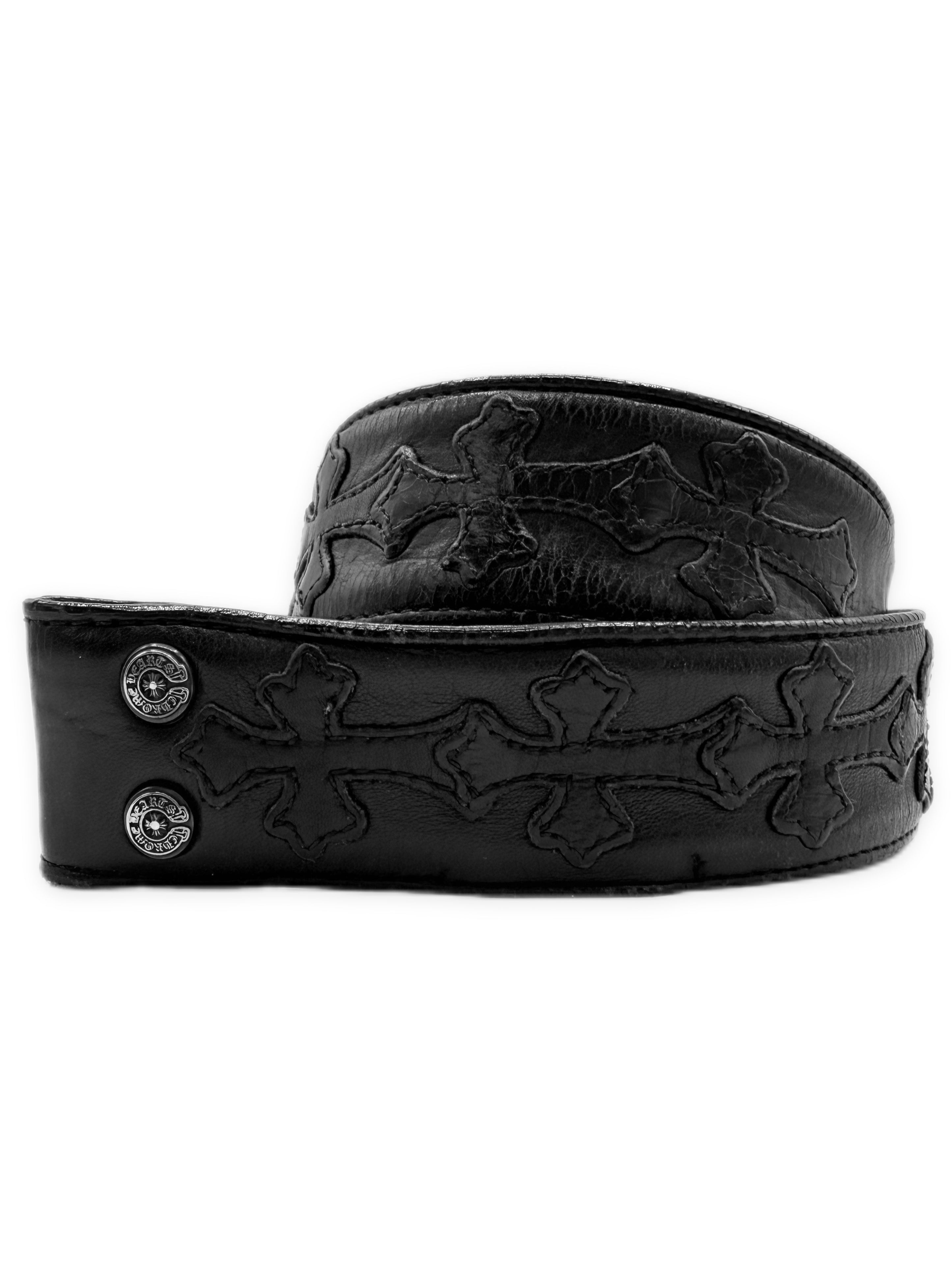Chrome Hearts Cemetery Cross Patch Black Leather Belt Strap