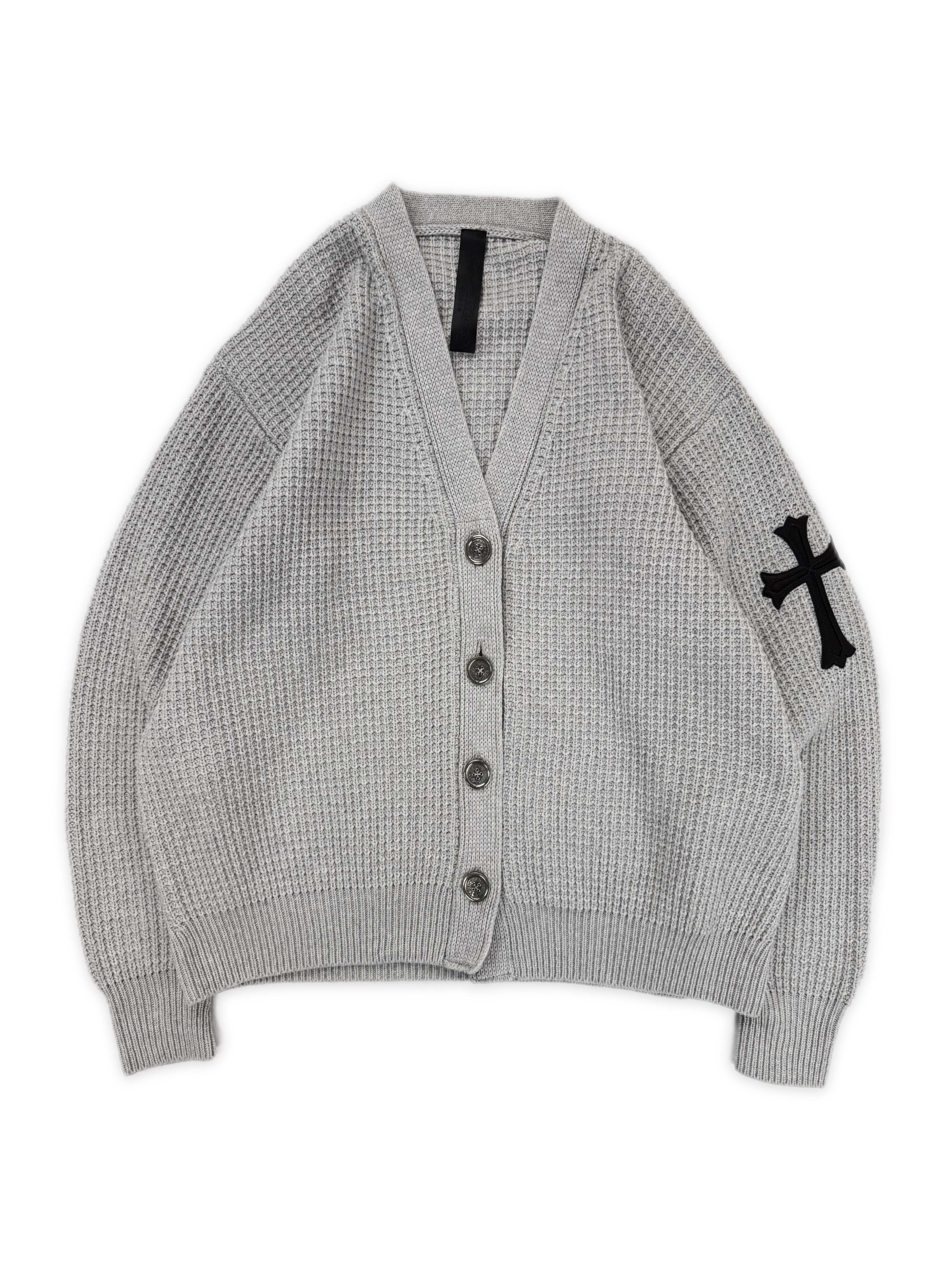 Chrome Hearts Hit &amp; Run Cross Patch Heavy Weight Grey Knit Cardigan Sweater