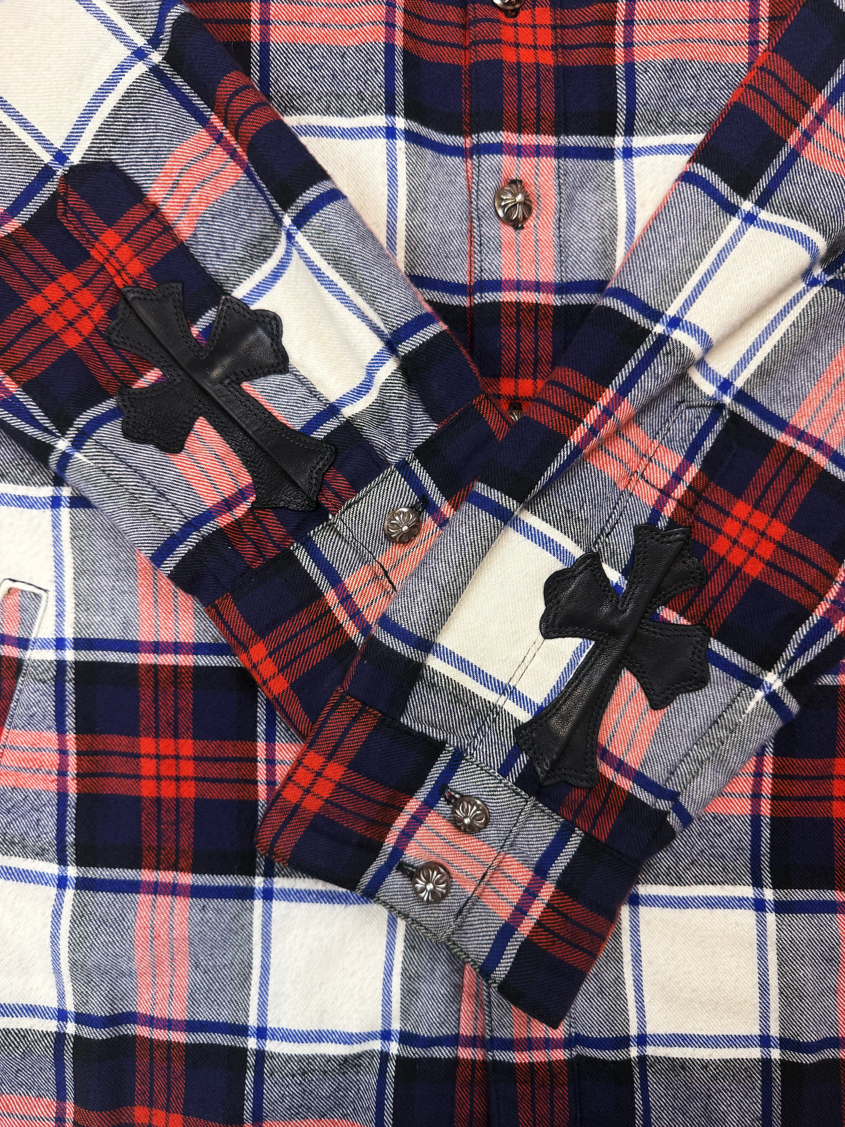Chrome Hearts Dual Leather Cross Patch Red Checkered Flannel Shirt
