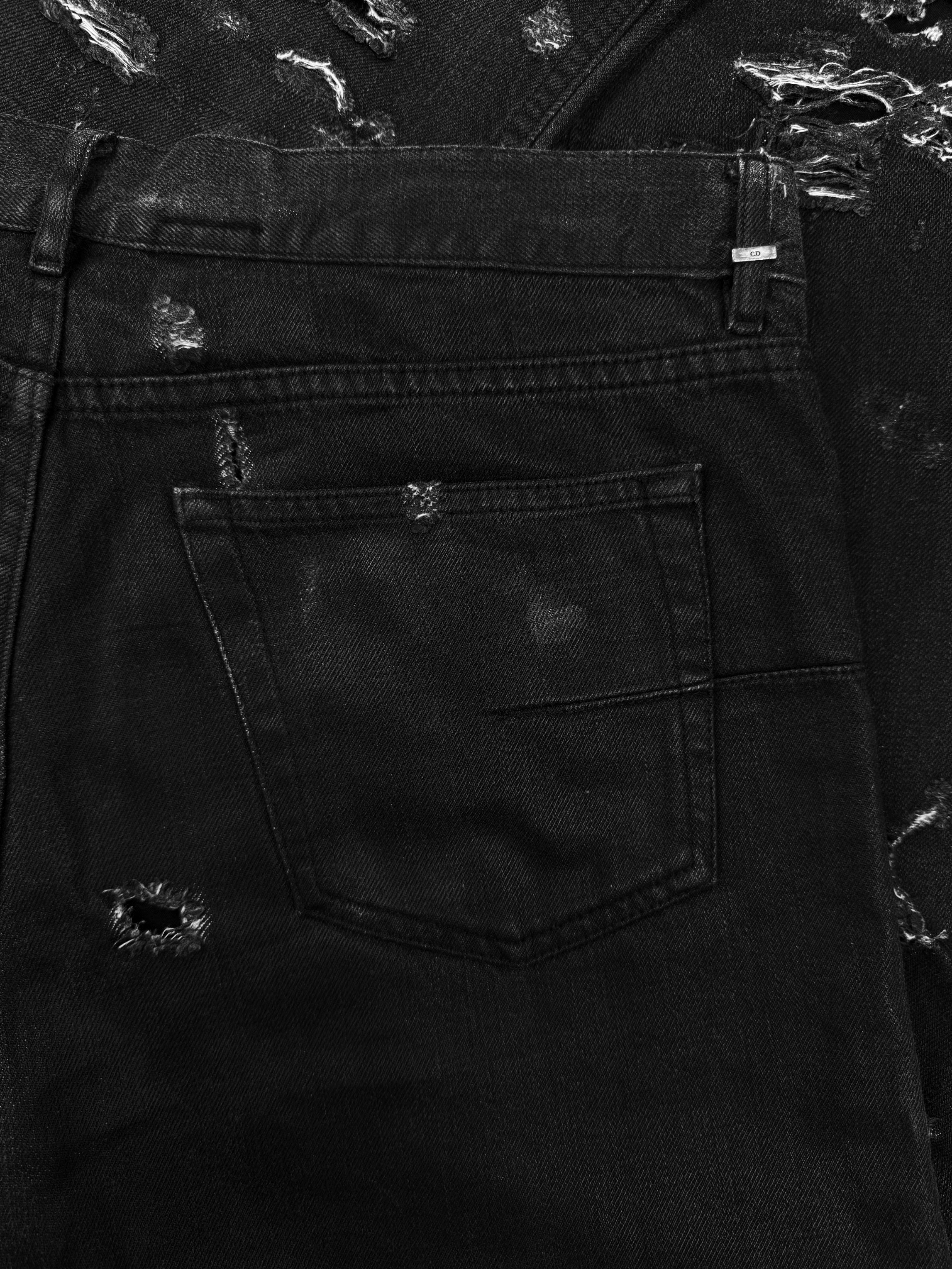 SS04 Dior Homme ‘Strip’ Waxed Distressed Black Skinny Denim Jeans