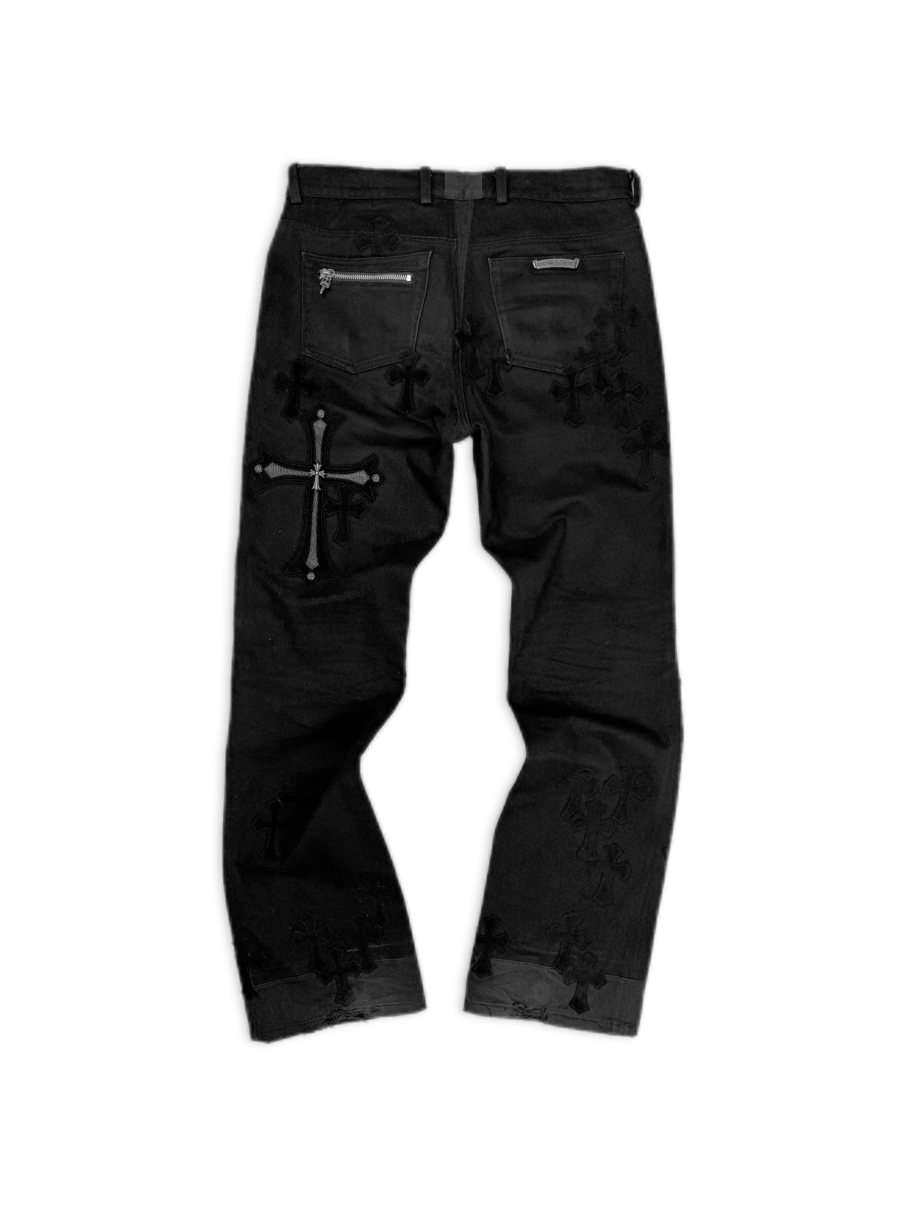 Chrome Hearts XL 46 Silver Cross Patch Fleur Knee Suede Black Denim