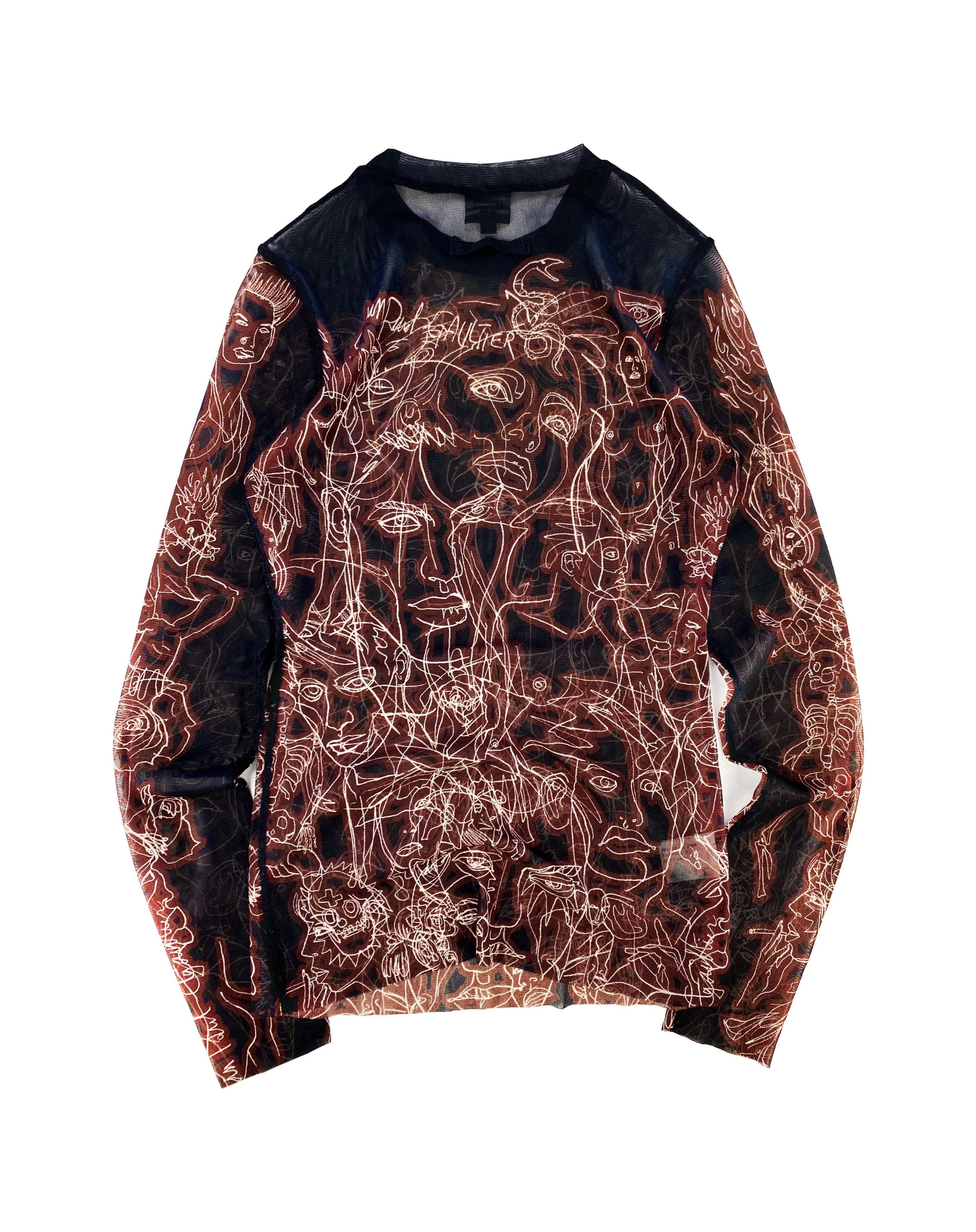 90s Jean Paul Gaultier ‘Faces’ Single Line Mesh Longsleeve Shirt