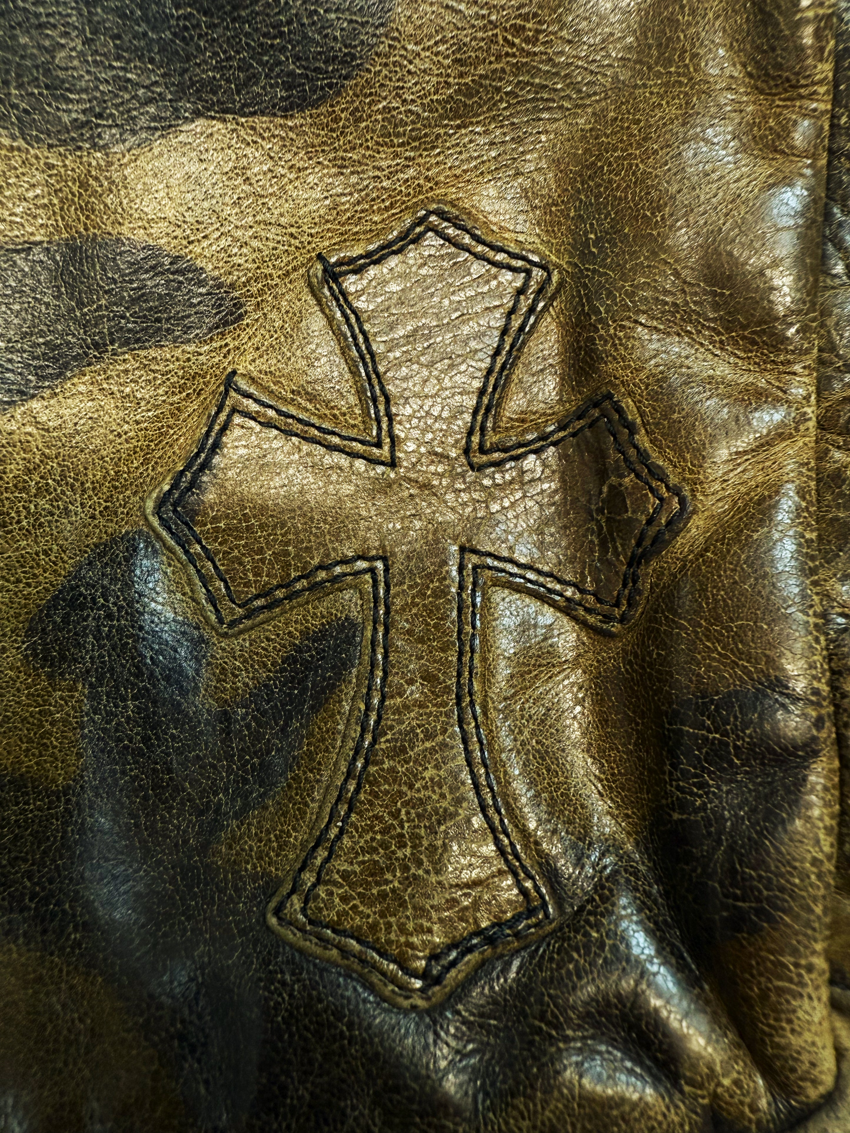 Chrome Hearts Green Camouflage Cross Patch Dagger Zip Leather Tote Bag