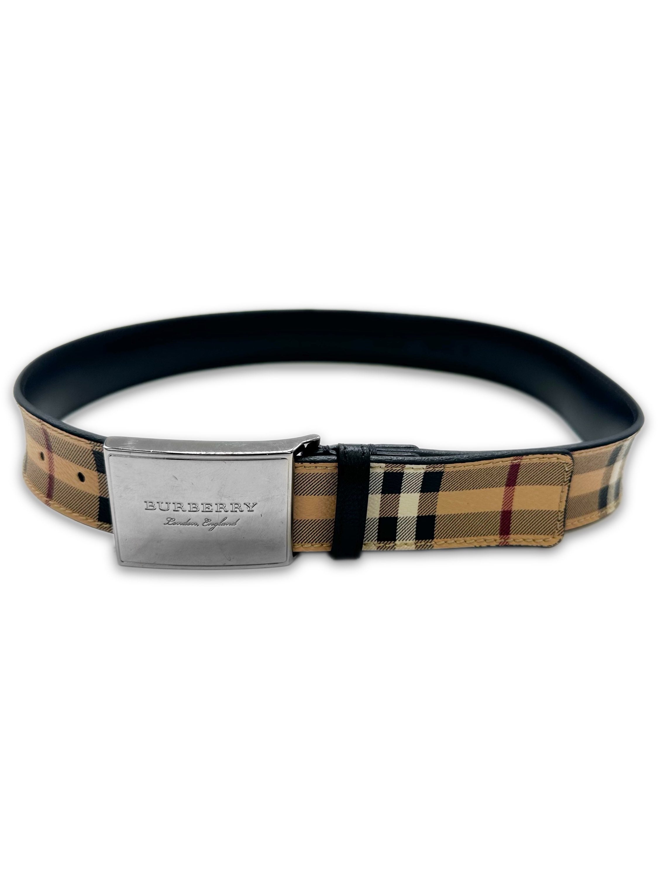 Burberry Nova Check Square Etched Logo Buckle Leather Belt