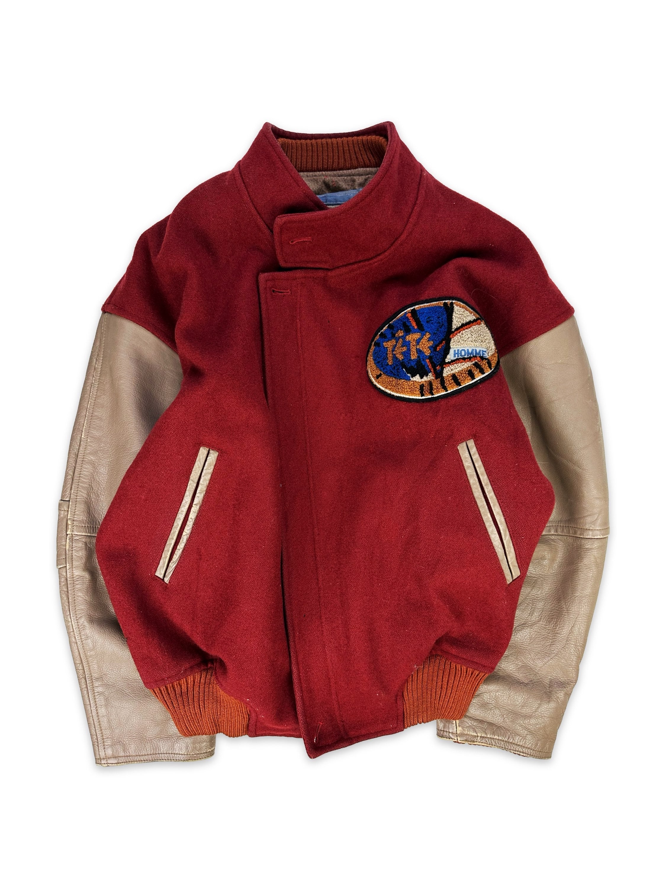 00s Tete Homme Cherry Red Patched Leather Varsity Jacket