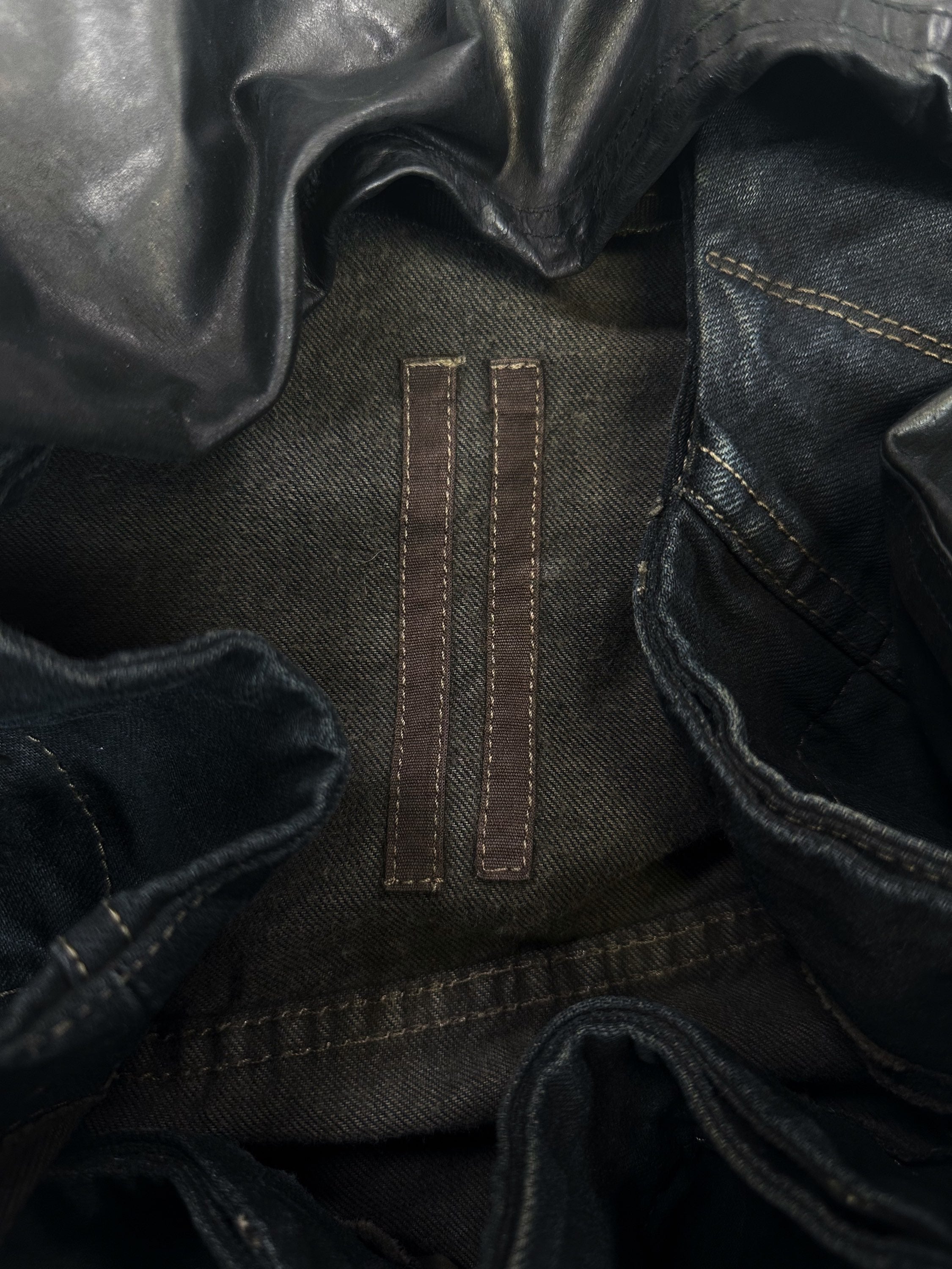 SS16 Rick Owens Asymmetric Leather Sleeve High Neck Denim Jacket