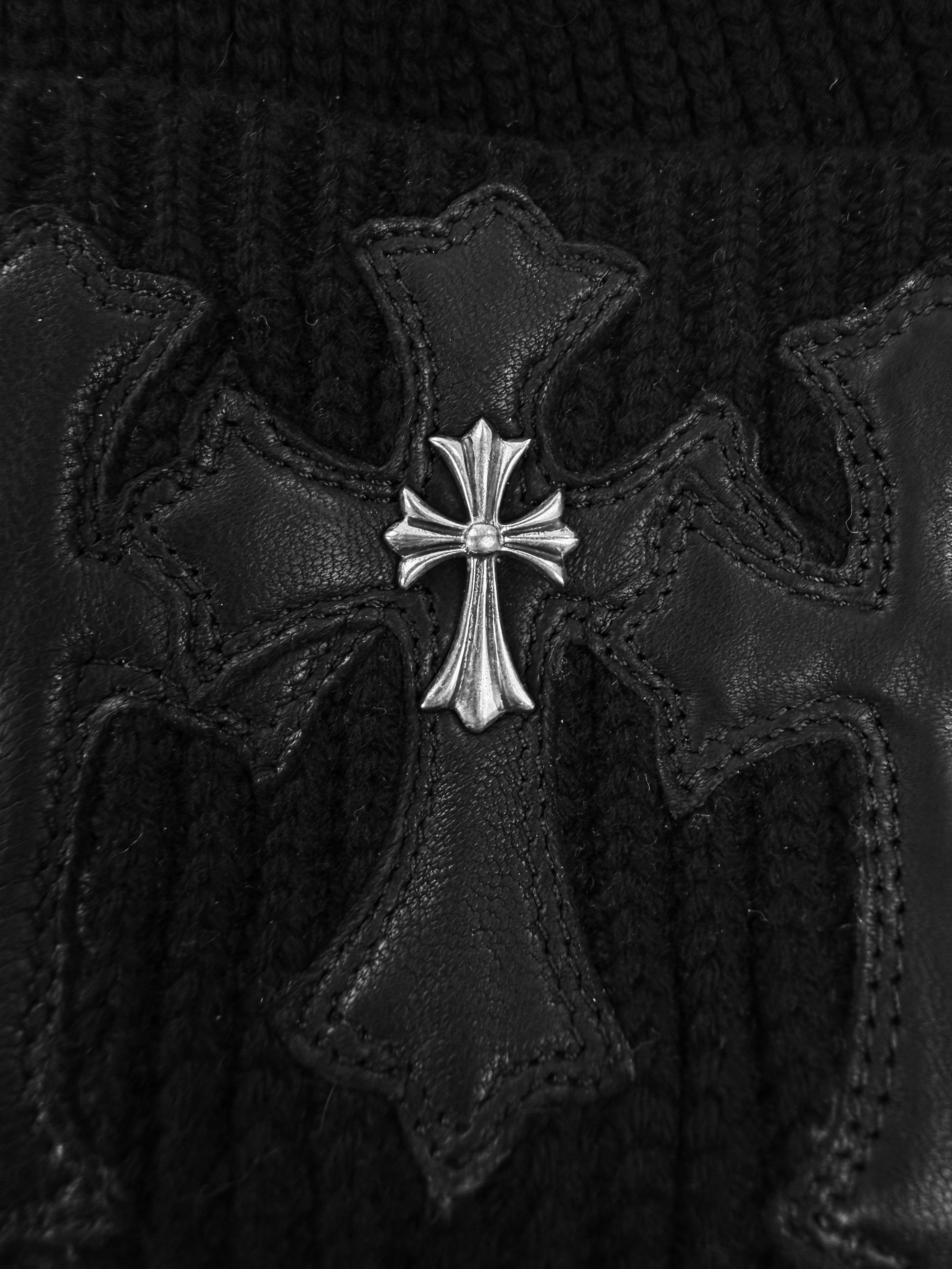Chrome Hearts Triple Leather Cross Patch Silver Pendant Ribbed Black Beanie