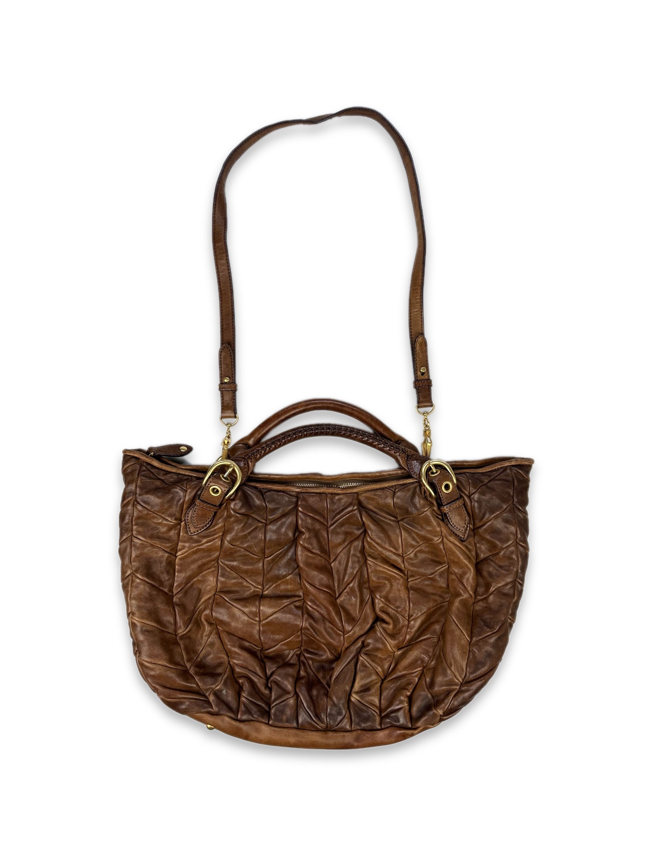 00s Miu Miu Brown Leather Metallic XL Handbag
