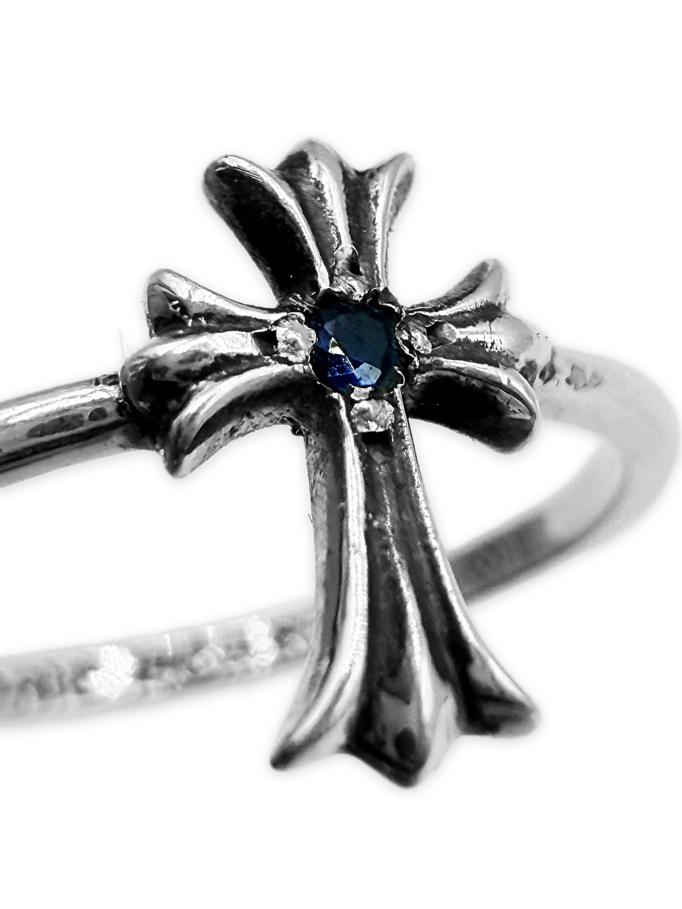 Chrome Hearts Blue Sapphire Factory Silver .925 Silver Bubblegum Cross Ring