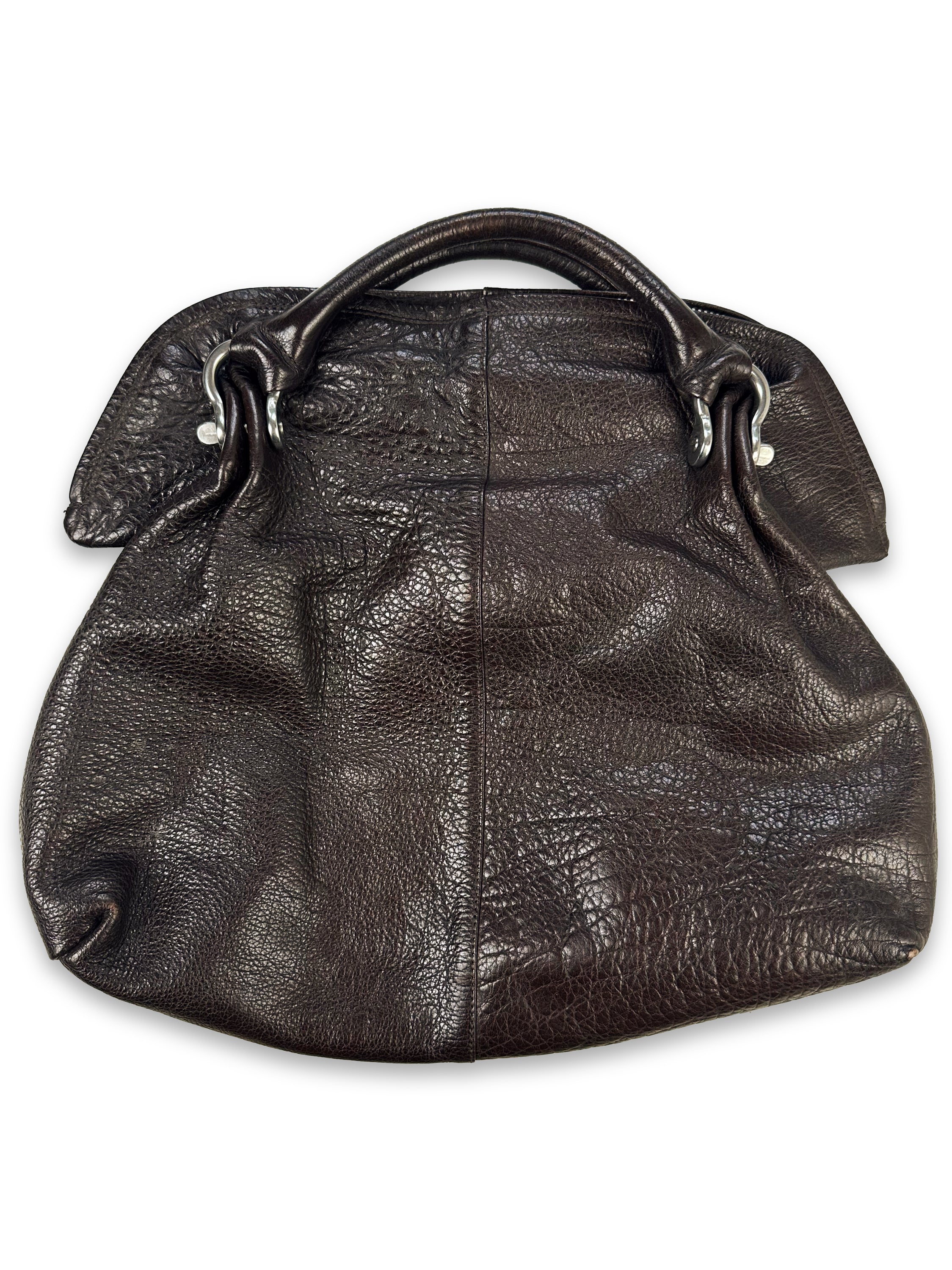 90s Issey Miyake Brown Leather Top Zip Hand Bag