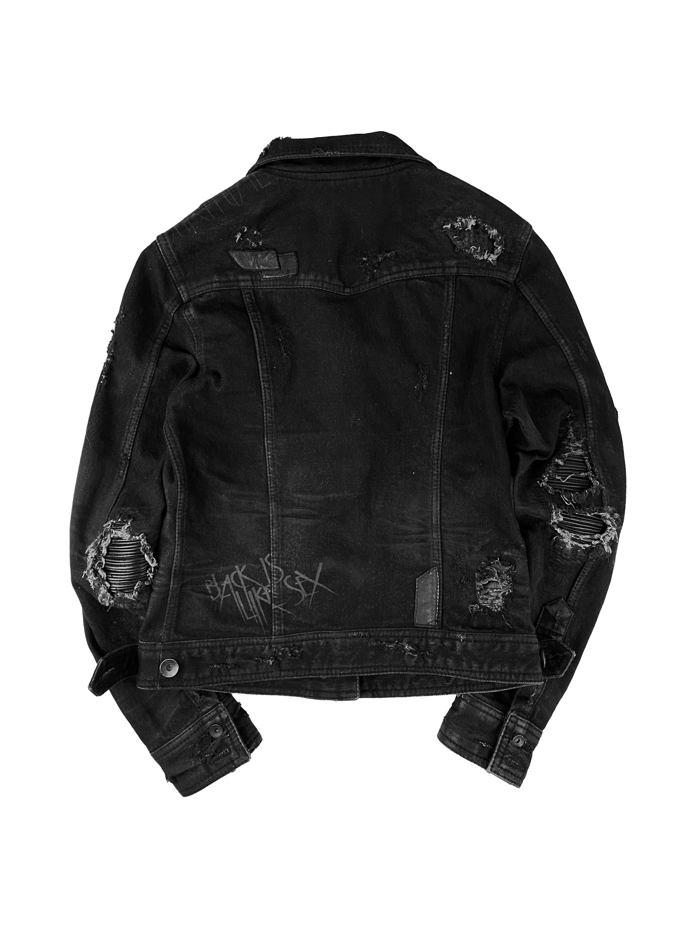 00s 14th Addiction Black Waxed Denim Distressed PVC Jacket