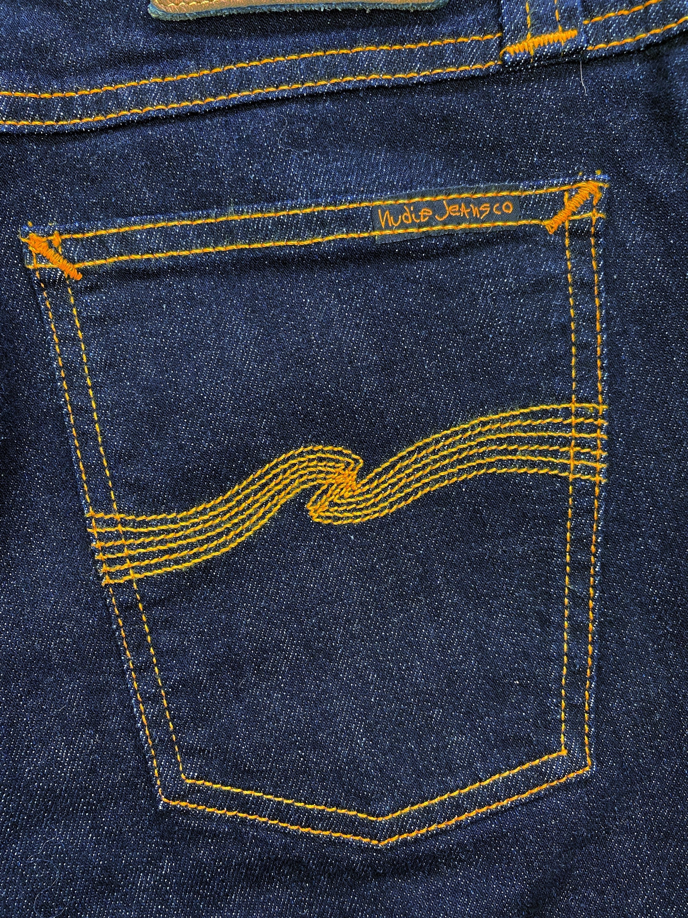 Nudie Jeans Dark Wash Embroidered Slim Cut Denim Jeans