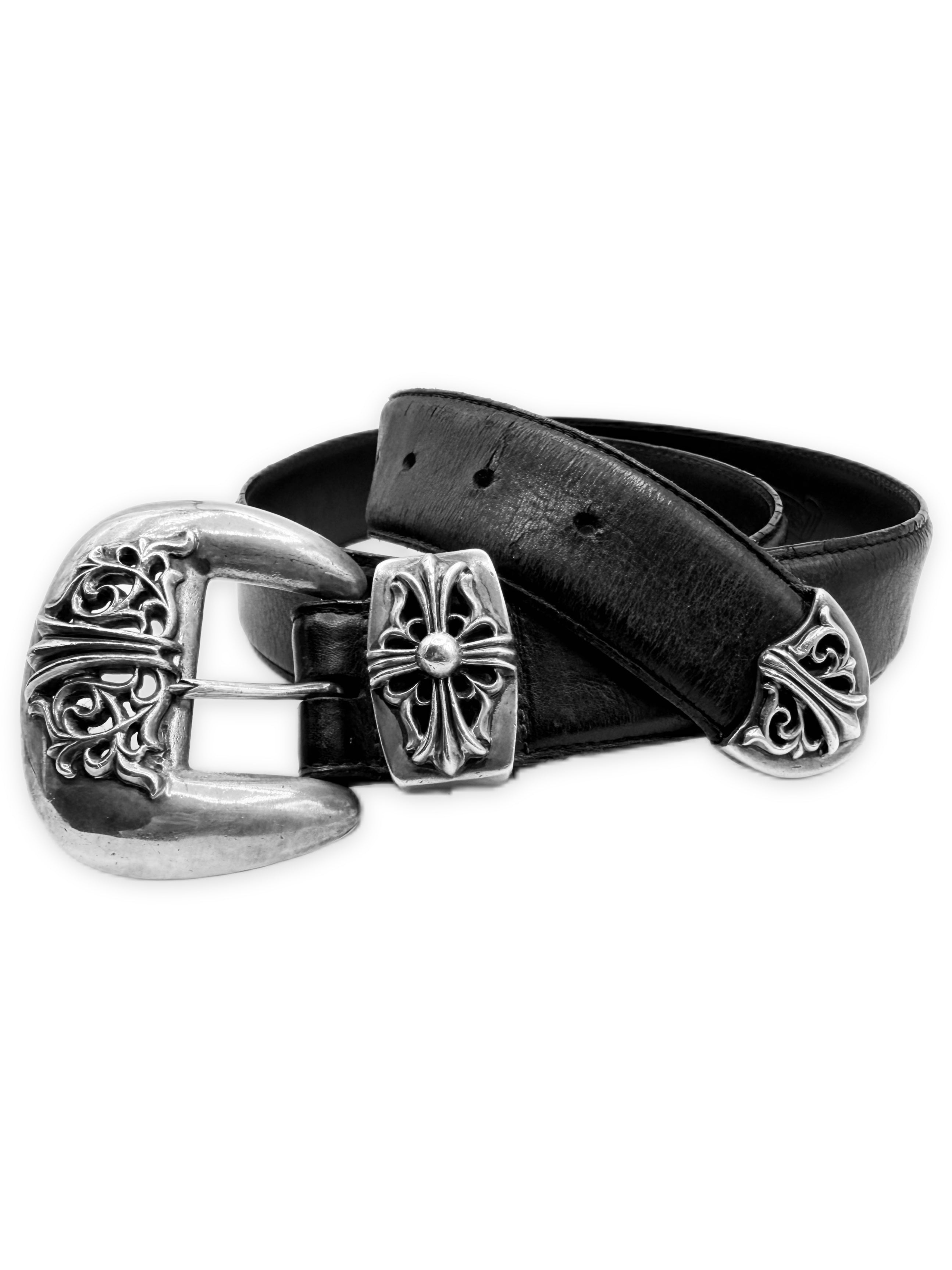 Chrome Hearts 3-Piece Black Leather Western .925 Silver Belt