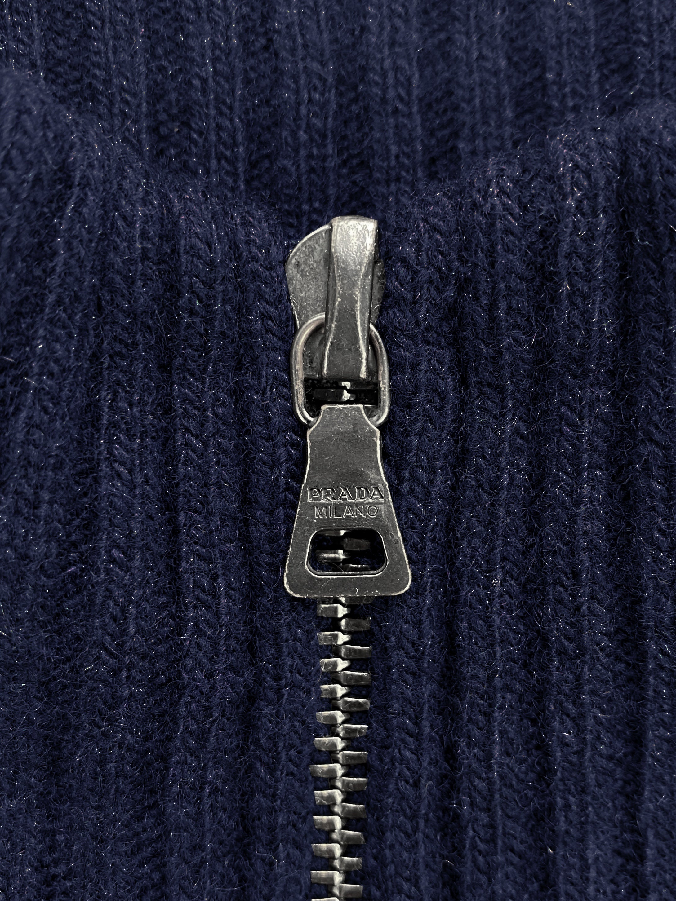 Prada Full-zip Ribbed Navy Blue Sweater