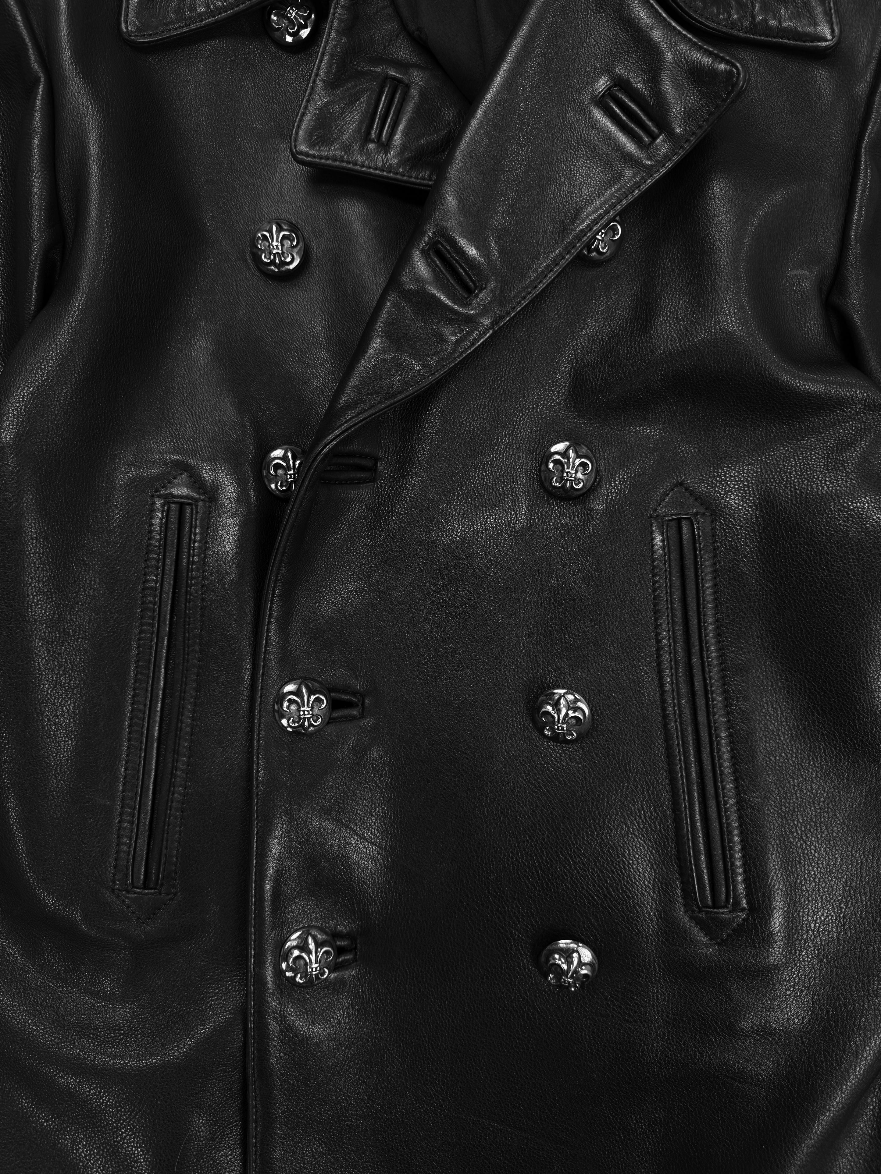 Chrome Hearts Fleur de Lis Black Leather .925 Silver Pea Coat
