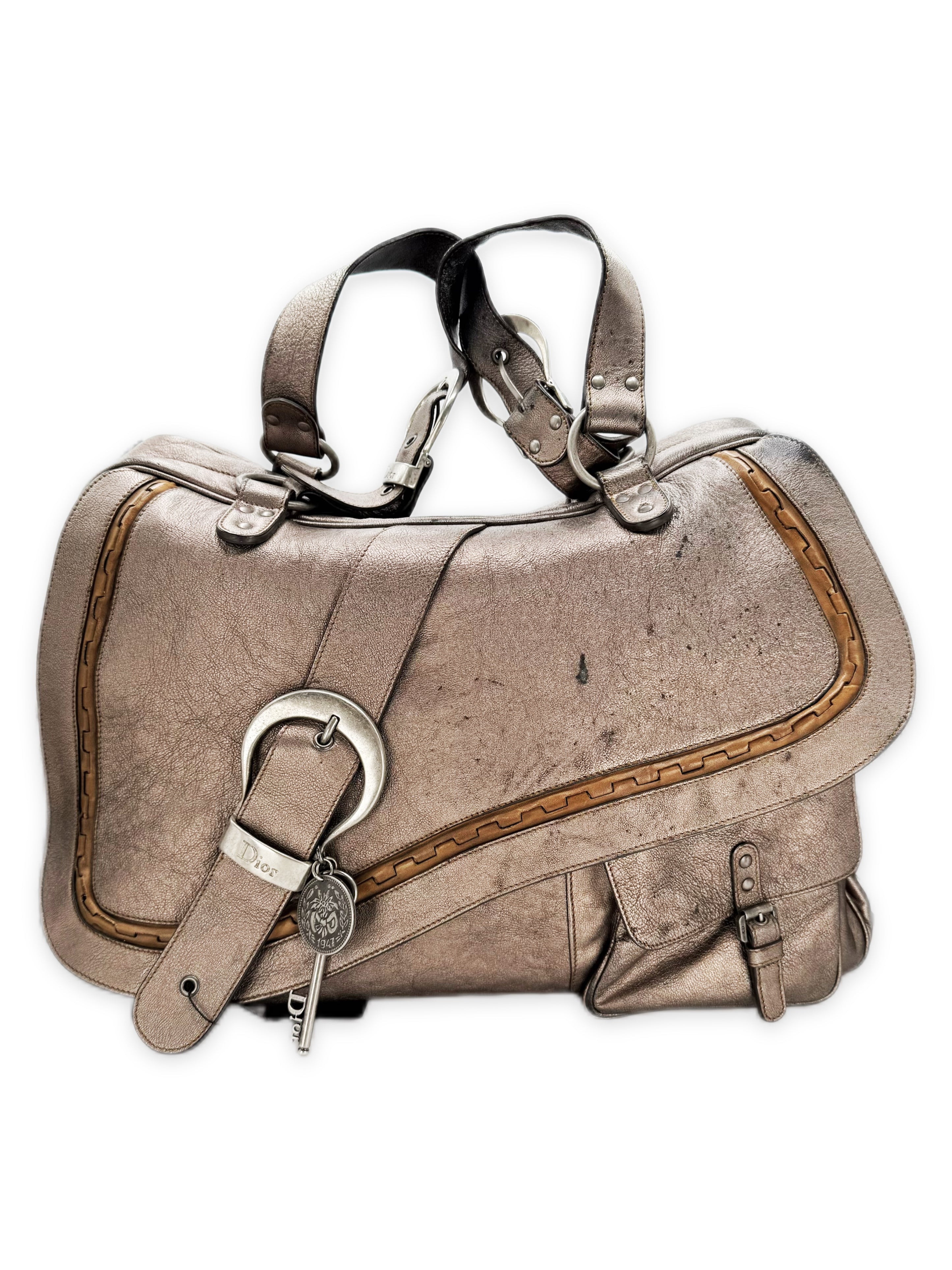 00s Christian Dior Gaucho Silver Leather Large Saddle Bag