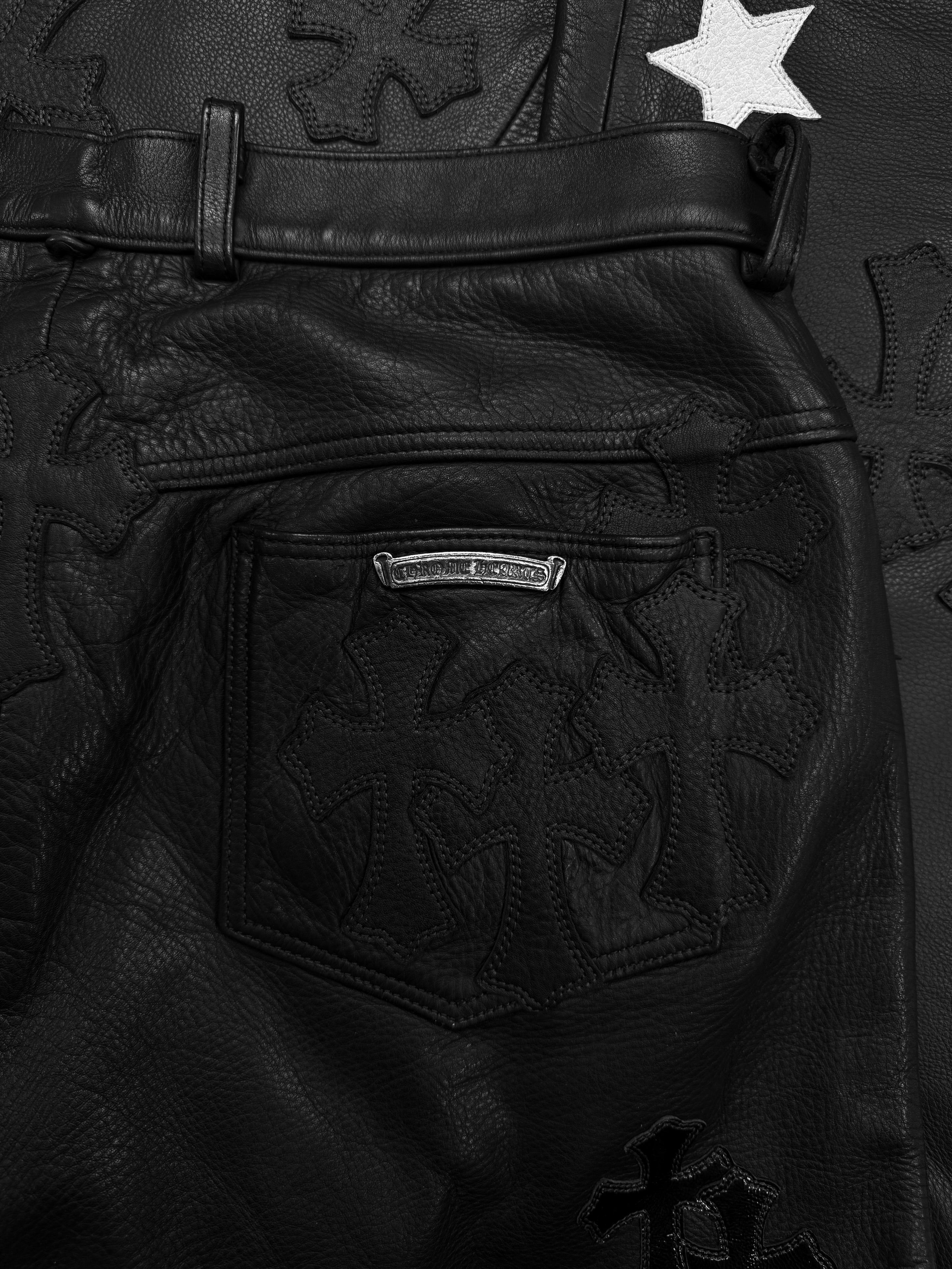 Chrome Hearts 48 Cross Star Patch Fleur Knee Leather Pants