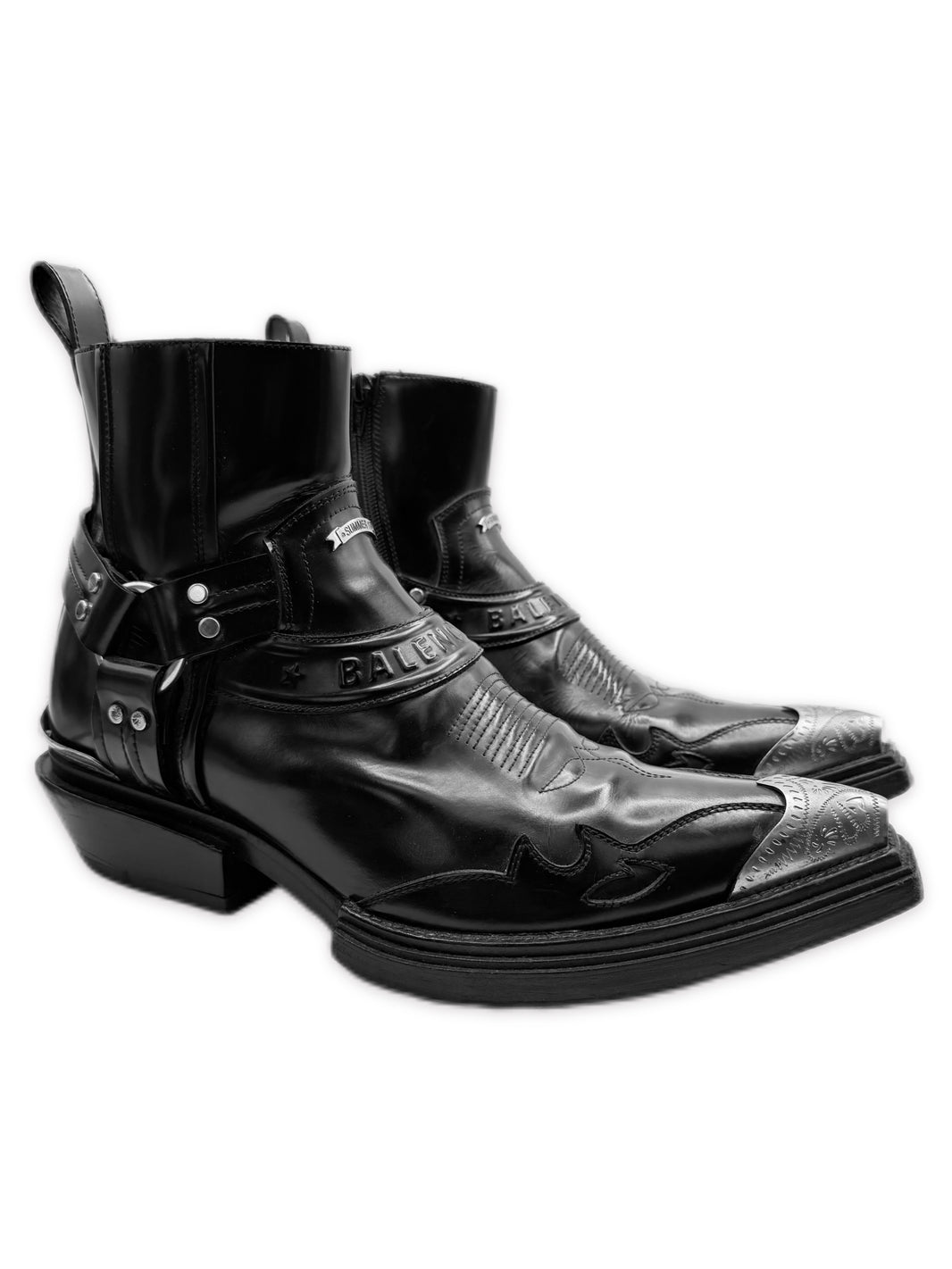 SS19 Balenciaga ‘Santiag’ Metal Toe Harness Western Leather Boots