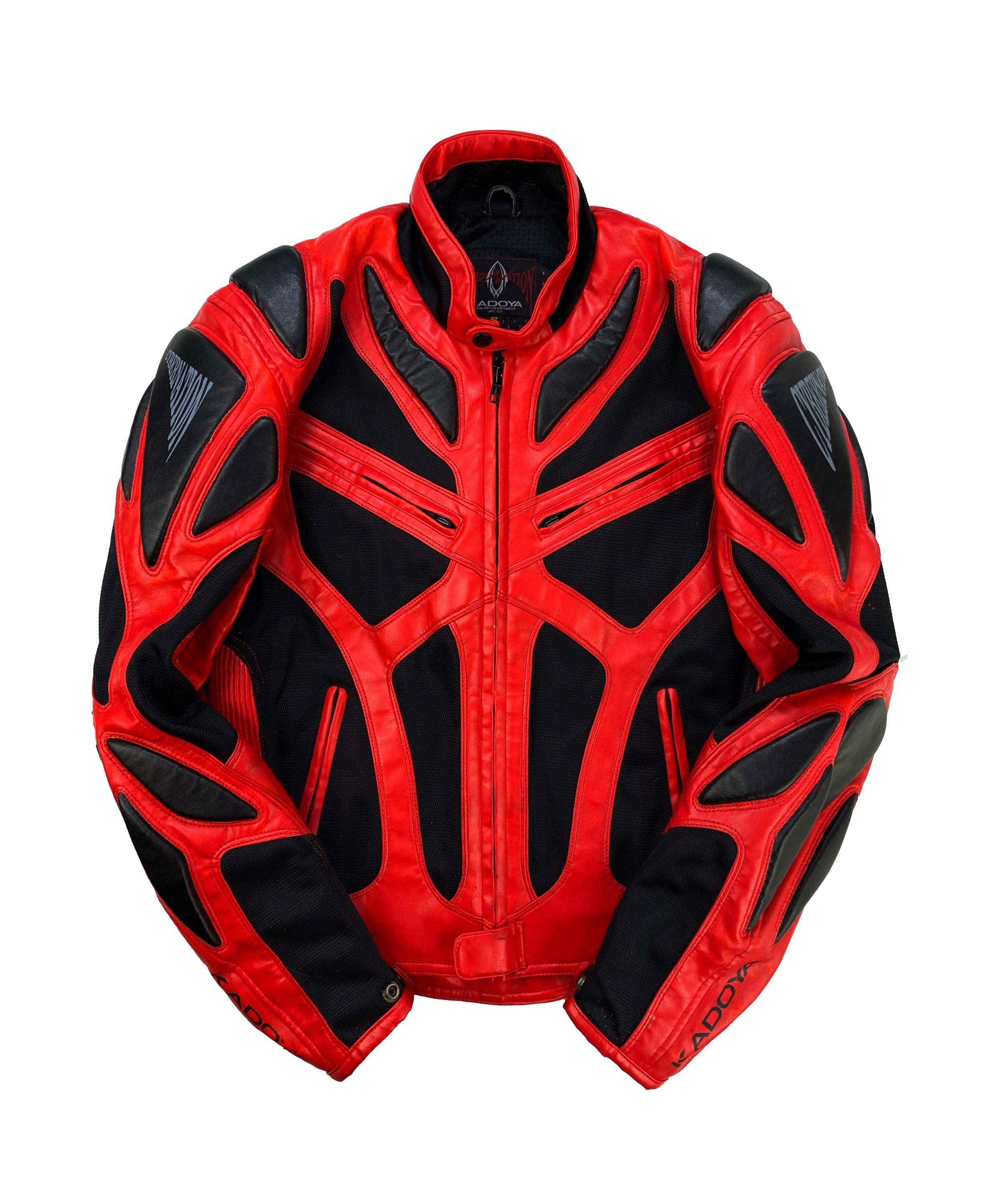 90s Kadoya ‘Geometric’ Padded Cherry Red Leather Biker Jacket