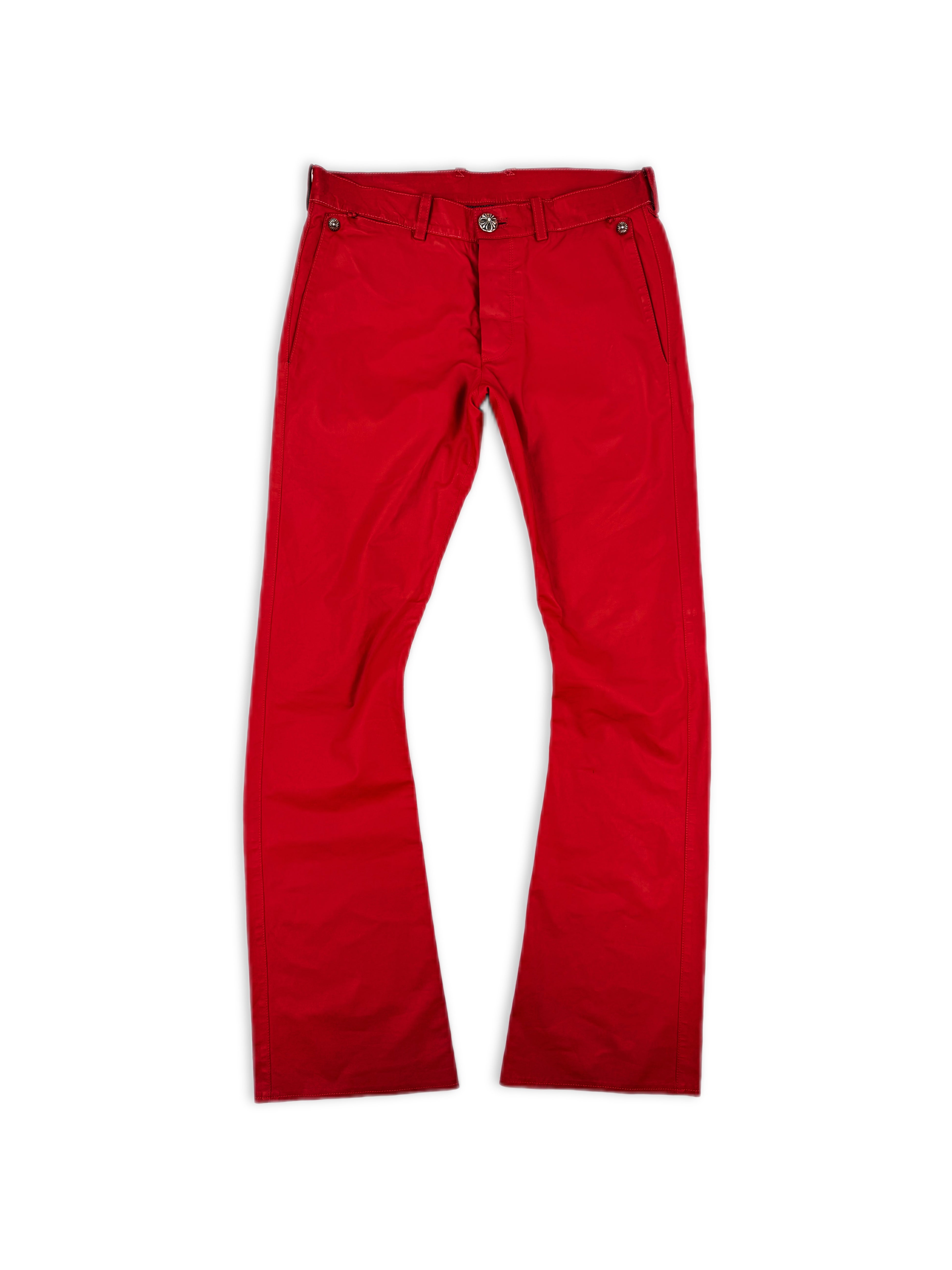 Chrome Hearts Flared Red Leather .925 Silver Button Fly Pants