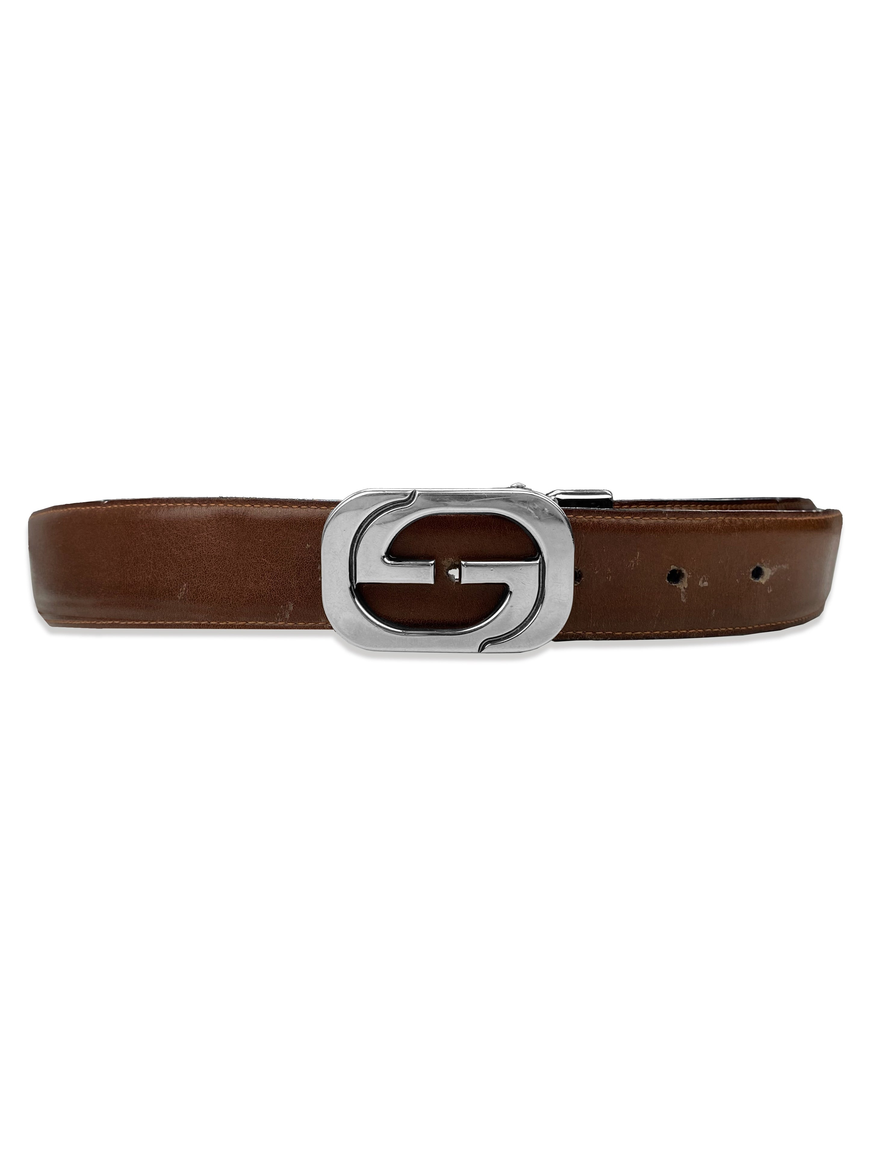 Gucci GG Silver Buckle Leather Belt