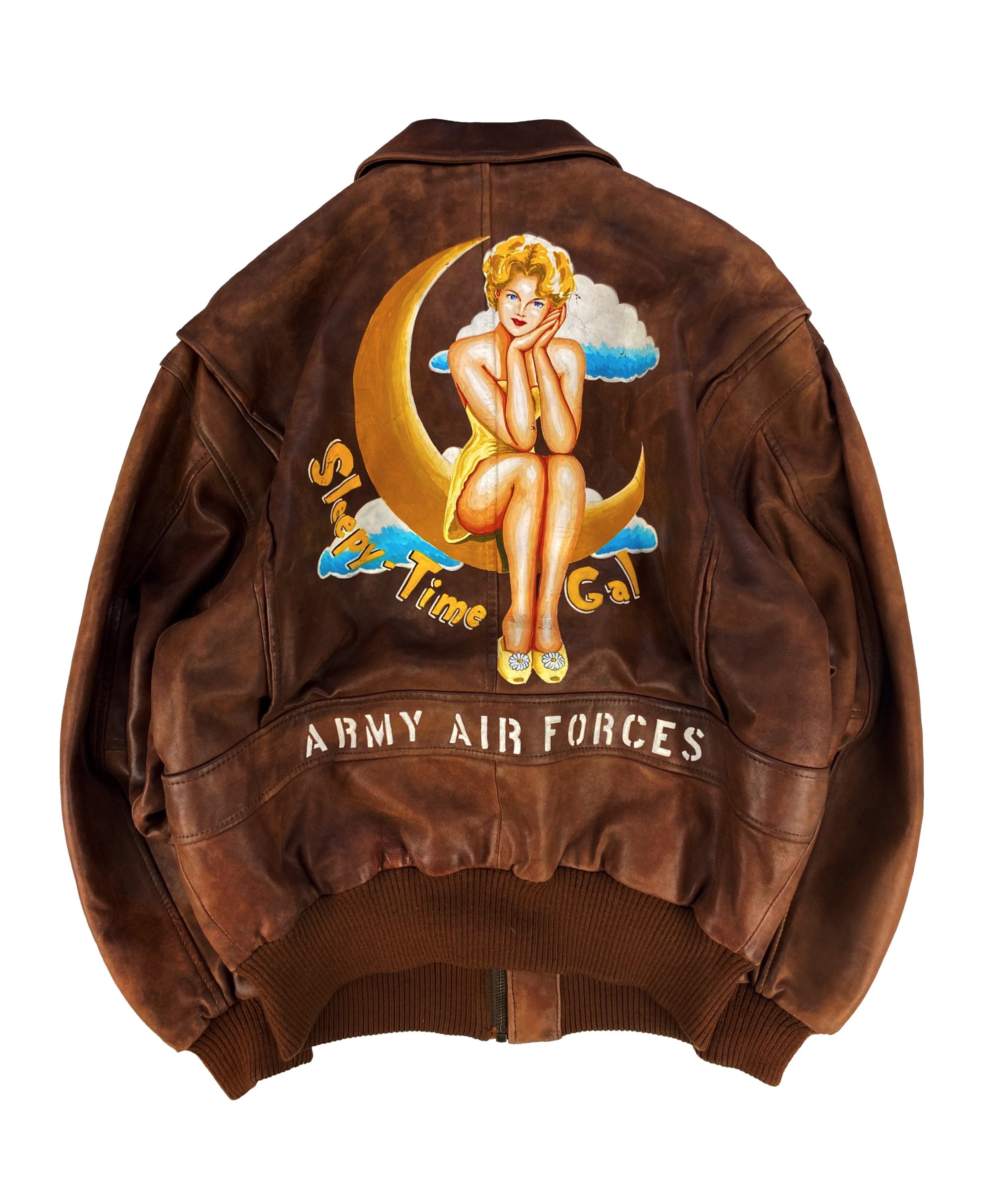 90s Avirex ‘Sleepy’ Pin-Up Girl Painted Leather Bomber Jacket