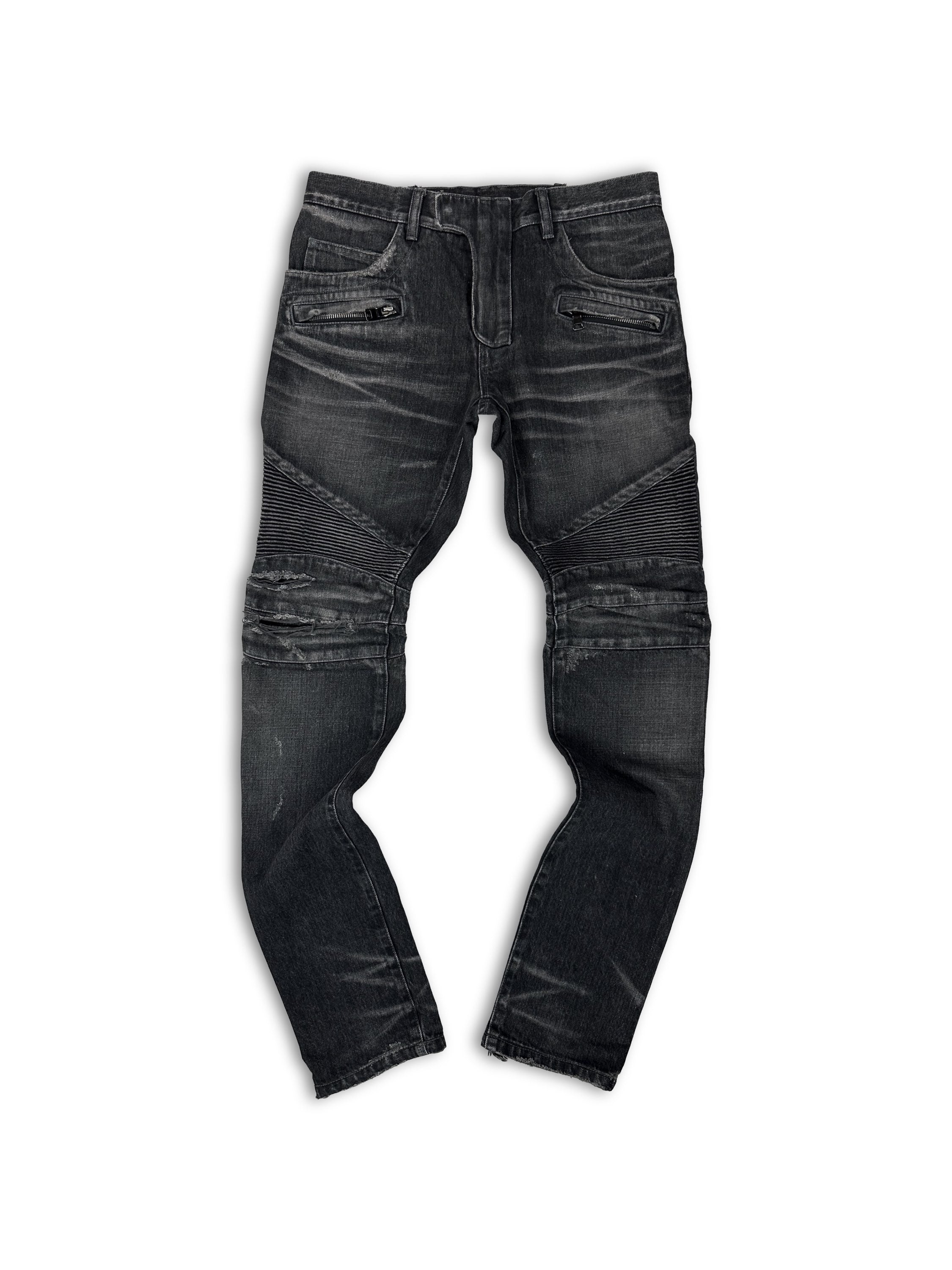 Balmain ‘Gun Holster’ Ribbed Ash Wash Multi-Zip Biker Denim