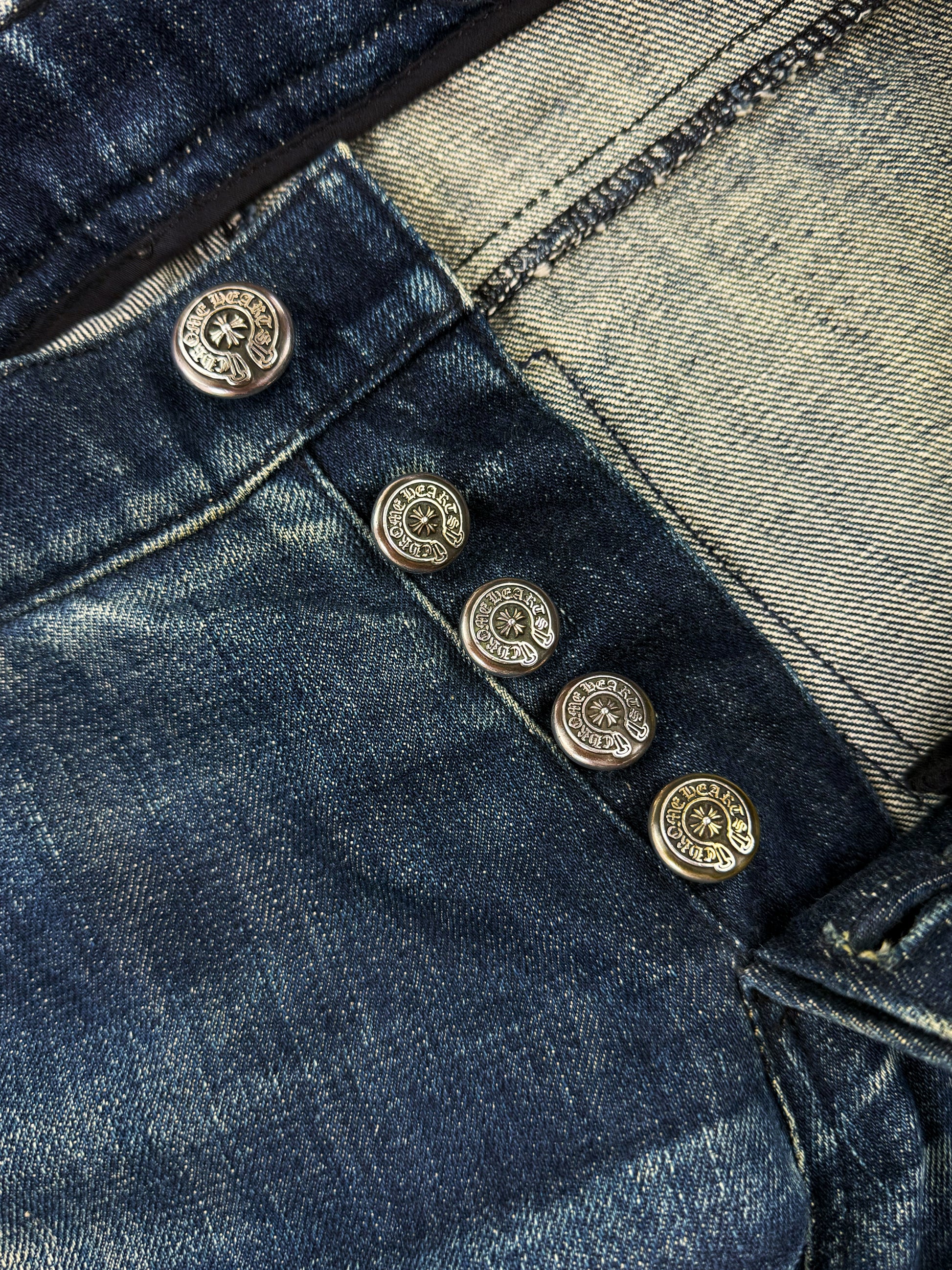 Chrome Hearts Flared Leg Blue Light Wash Fleur Knee .925 Silver Jeans
